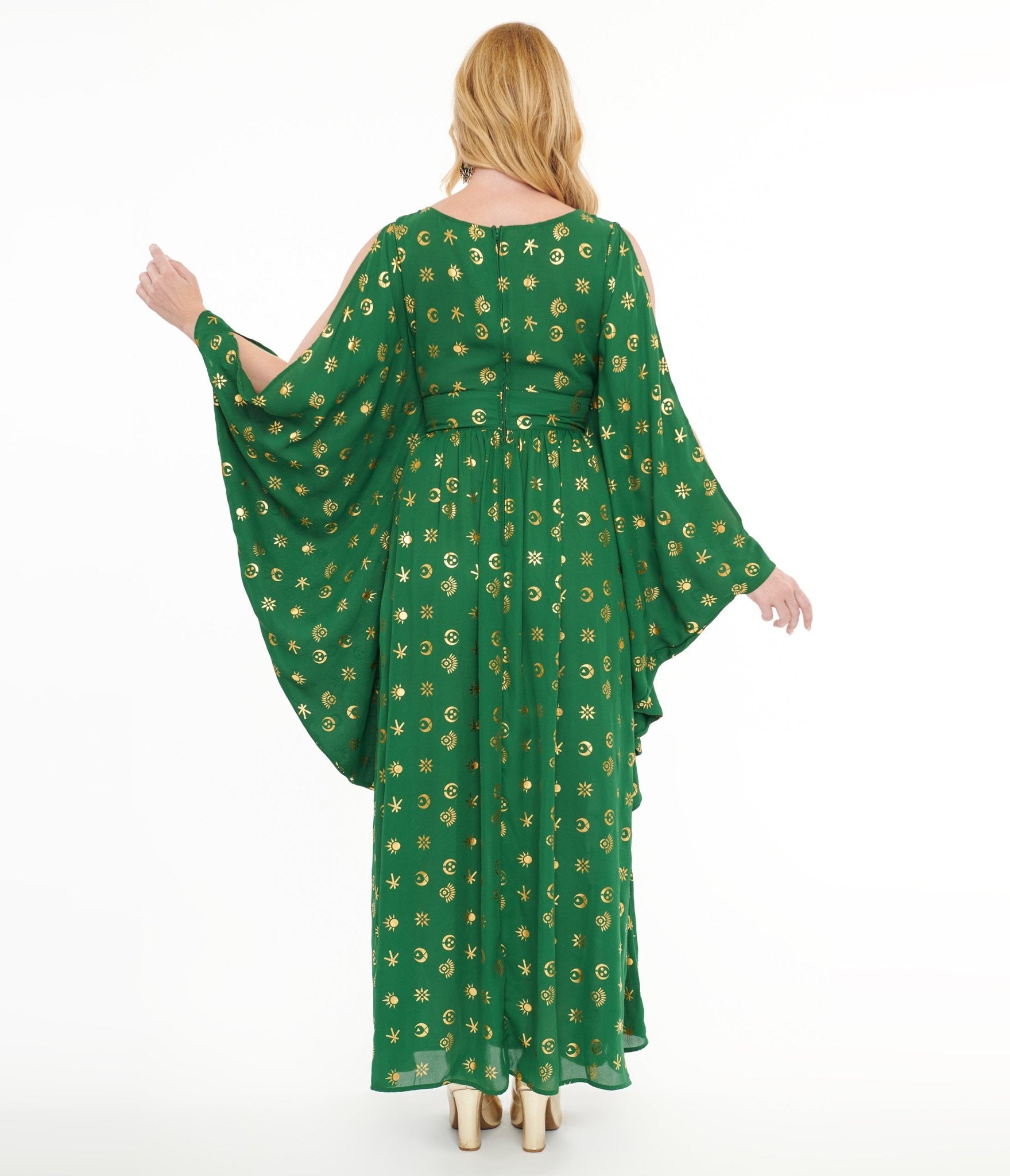 Disney Hocus Pocus Green & Gold Moon Print Caftan Dress | Vintage Inspired Halloween Costume | Perfect for Cosplay, Halloween Parties & Themed Events
