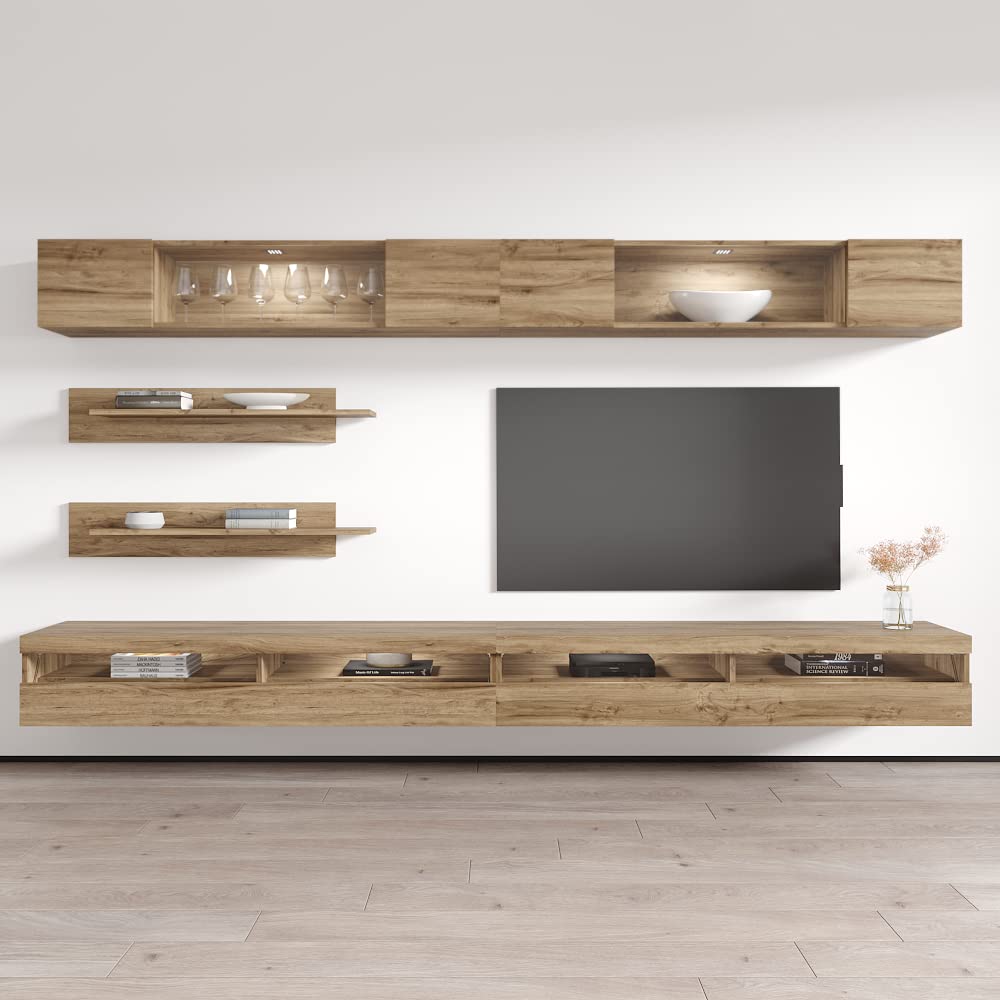 Modern Floating TV Stand with Storage & LED Lights - Wall-Mounted Entertainment Center for Bedroom & Living Room - Oak Wood TV Console with Shelves - Perfect for Small Spaces & Home Theater Setup