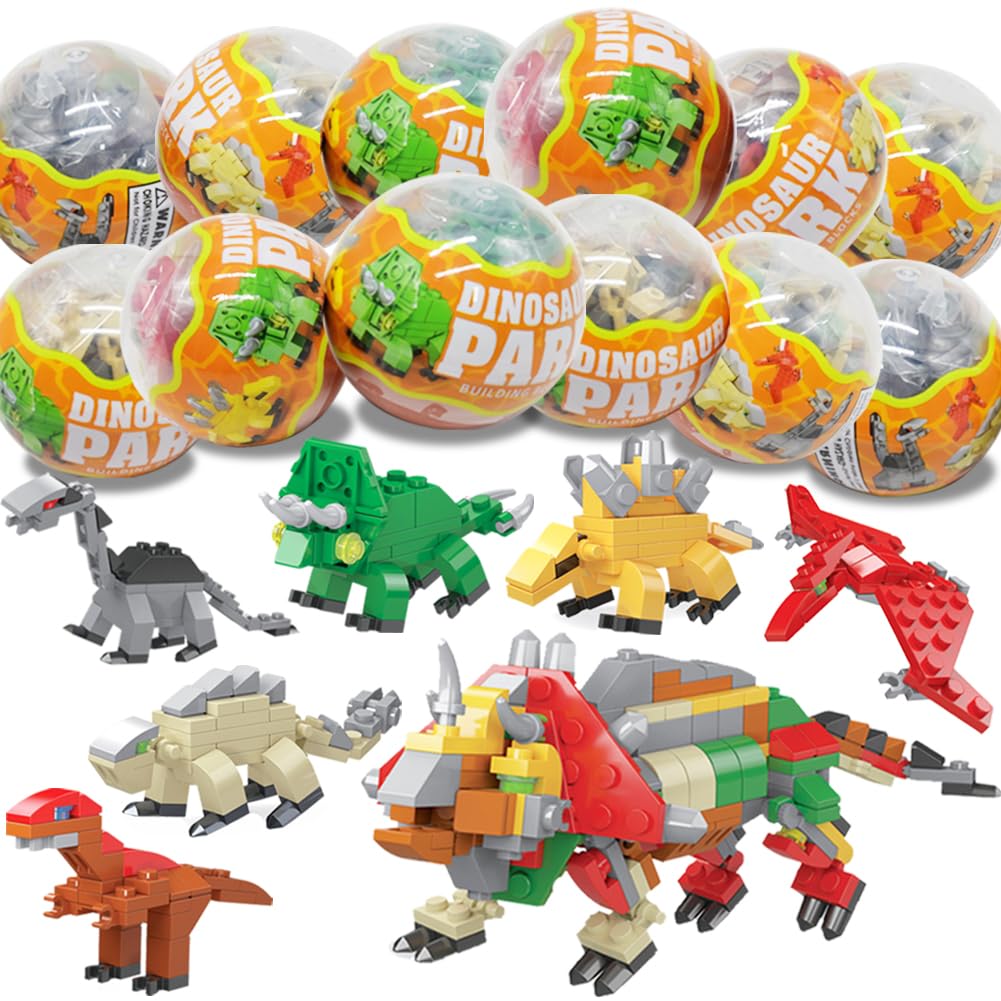 12Pcs PreFilled Easter Eggs with Dinosaur Building Blocks - Kids Easter Egg Hunt Toys, Dinosaur Surprise Eggs for Easter Basket Stuffers, Party Favors & Classroom Prizes - Fun Educational STEM Toys for Easter Celebrations