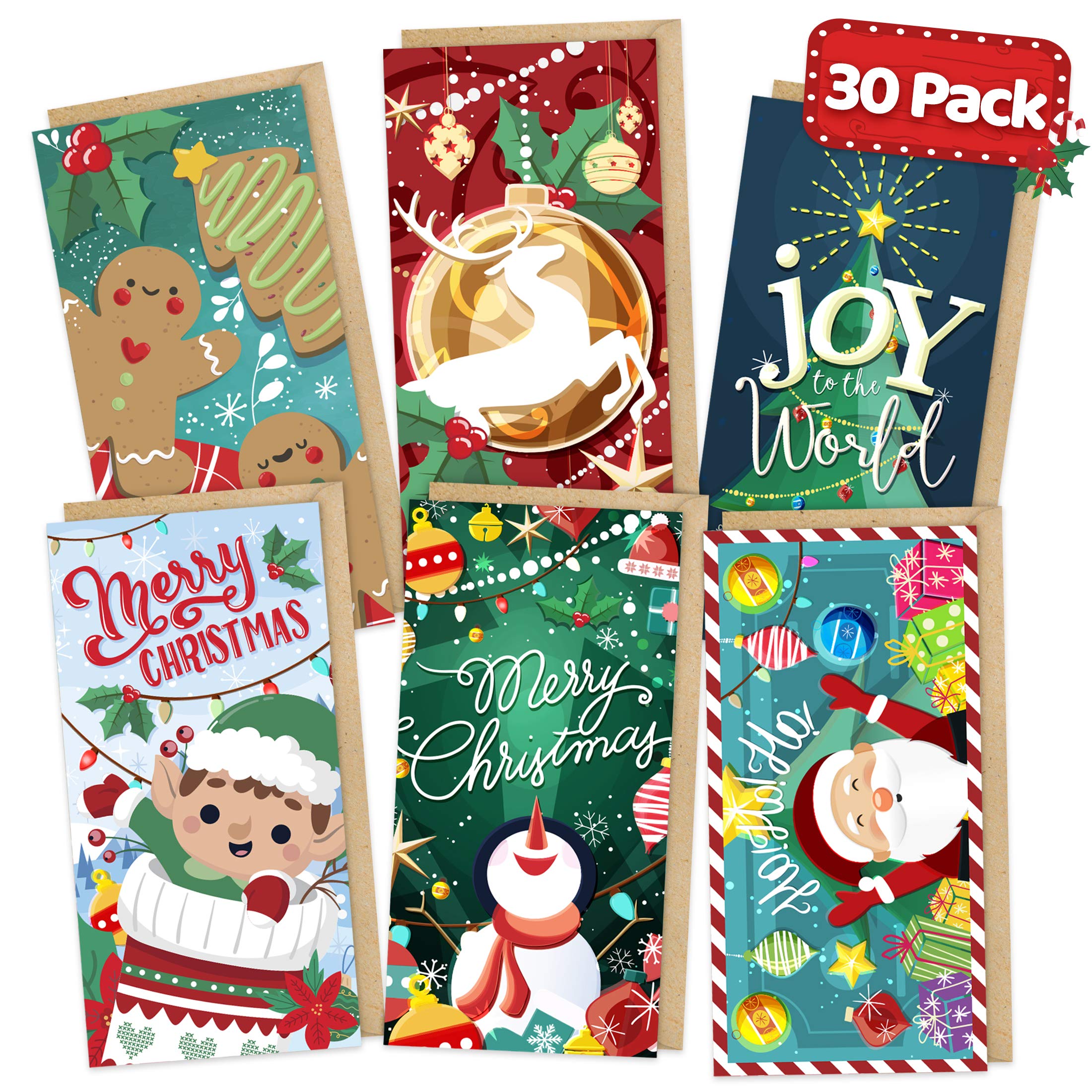 Festive Christmas Money Cards with Kraft Envelopes - 30 Pack Bulk Assorted Holiday Gift Card Holders for Cash - Winter Snow Themed Holiday Box Set - Perfect for Gifting, Stocking Stuffers & Office Party Favors