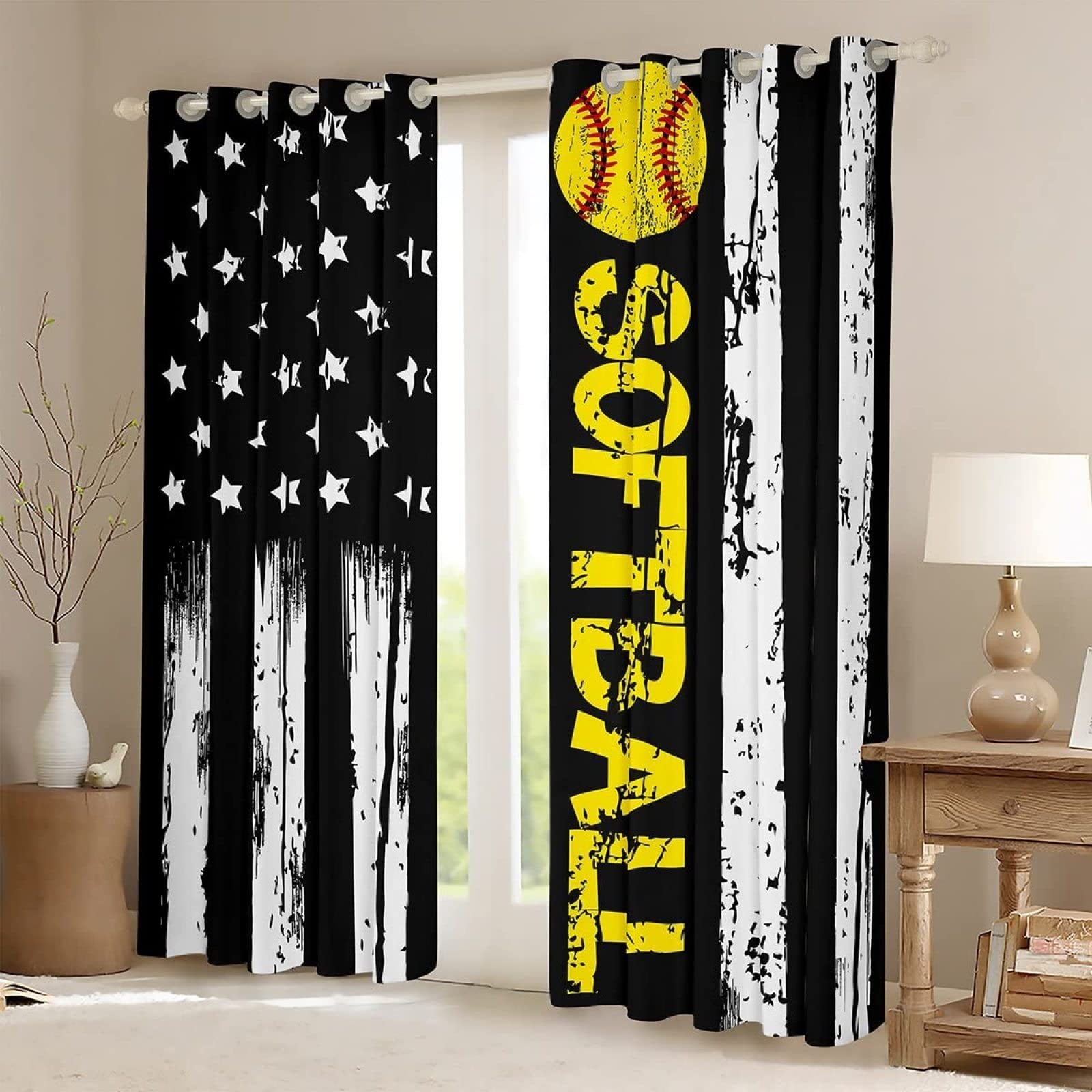 2 Panels Blackout Curtains - American Flag White Black Stripe Stars Baseball Softball Print, Polyester Soundproof Window Treatments for Bedroom & Living Room (72x72 Inches) - Perfect for Game Rooms, Dorm Decor & Patriotic Home Decor