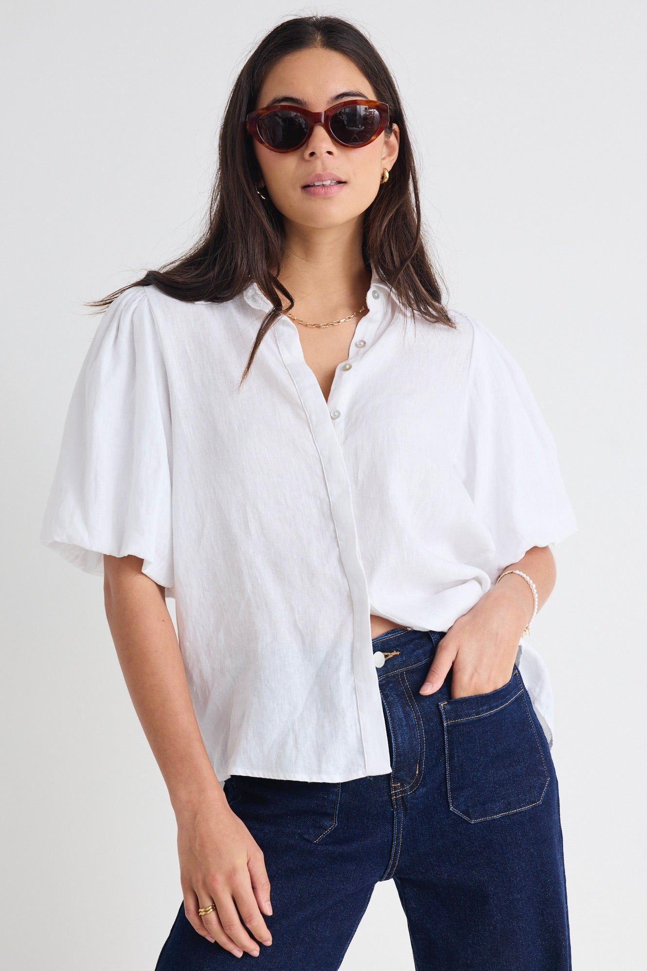 Stylish White Linen Bubble Sleeve Blouse for Women | Breathable Summer Top | Perfect for Beach Vacations, Date Nights & Office Wear