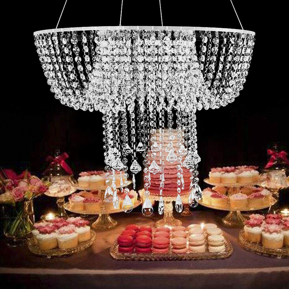 Elegant Crystal Chandelier Cake Stand with Pendants & Beads - Acrylic Wedding Cake Holder for Birthday Parties, Events & Cupcake Displays - Perfect for Romantic Weddings, Anniversary Celebrations & Dessert Tables