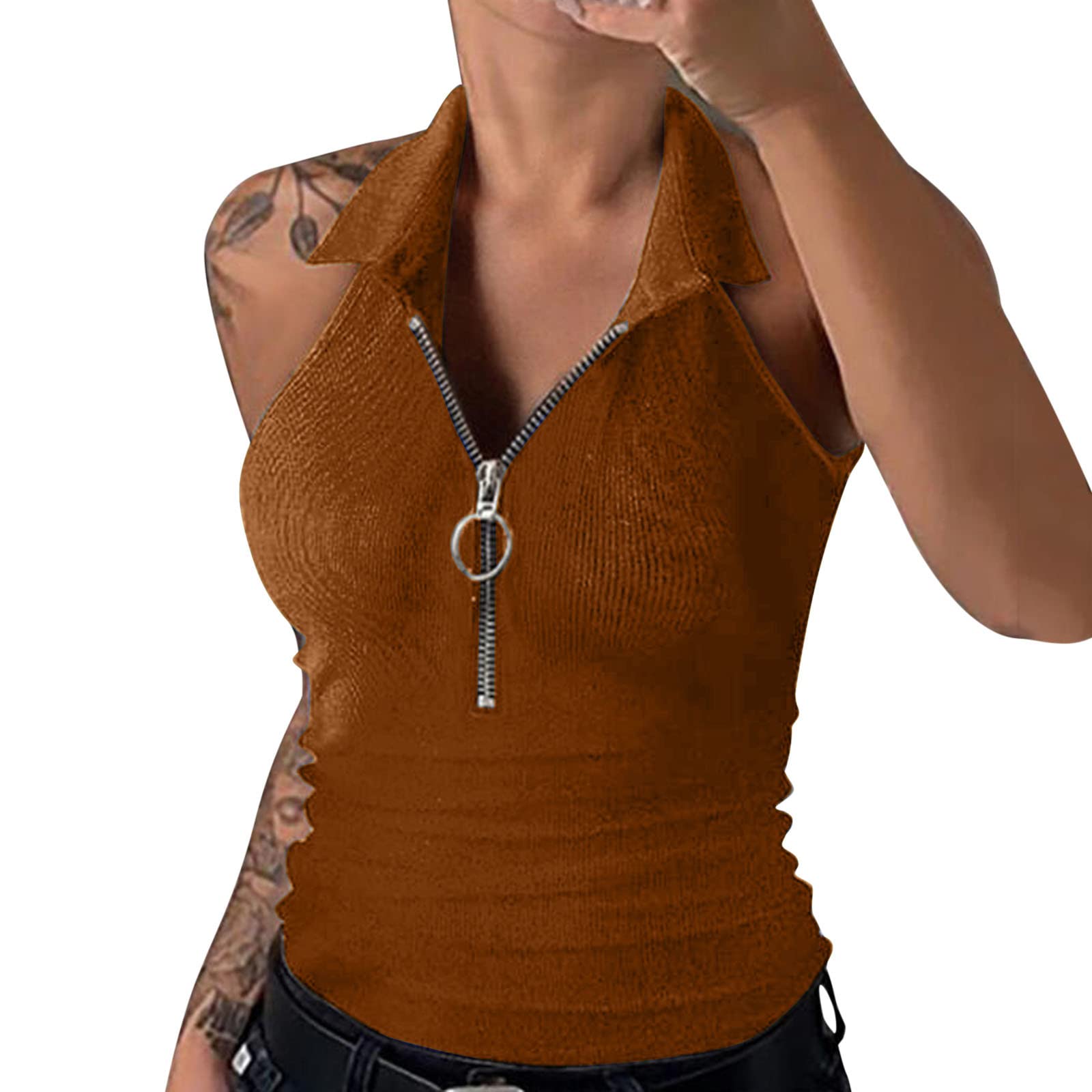 Women's Casual Sleeveless Tank Tops - Solid Color & Striped Lapel Zipper Vest Shirts | Perfect for Summer Outfits, Layering, and Casual Wear