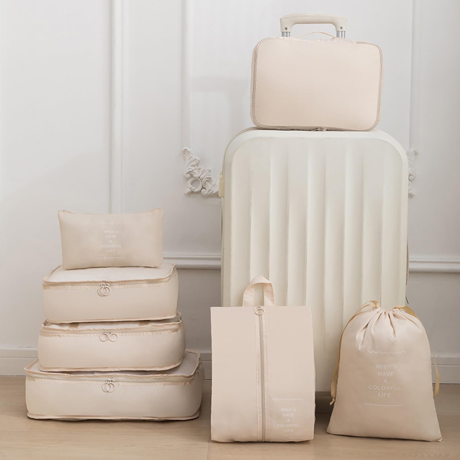 8-Piece Mesh Travel Packing Cubes Set - Luggage Organizer Bags with Laundry Bag, Shoe Bag & Clothing Compartments (Cream) | Perfect for Suitcase Organization, Business Trips & Vacation Packing