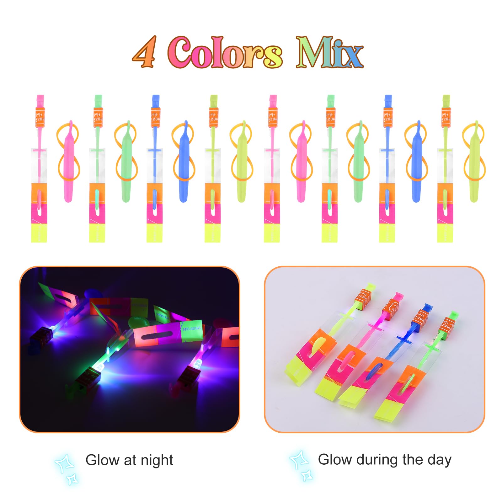 60Pcs LED Slingshot Flying Toys Set (30 Slingshots + 30 Helicopters) - Glow in The Dark Outdoor Games for Kids Ages 4-12 - Birthday Party Favors, Backyard Fun, Summer Camp Activities