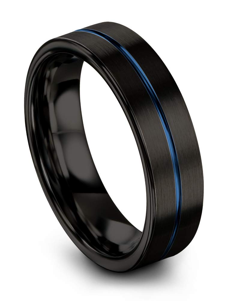 Premium Tungsten Carbide Wedding Band Ring - 6mm Unisex Design with Blue Black Center Line, Flat Cut, Brushed & Polished Finish - Custom Engraving for Anniversary & Engagement - Perfect for Everyday Wear, Special Occasions & Gift Giving