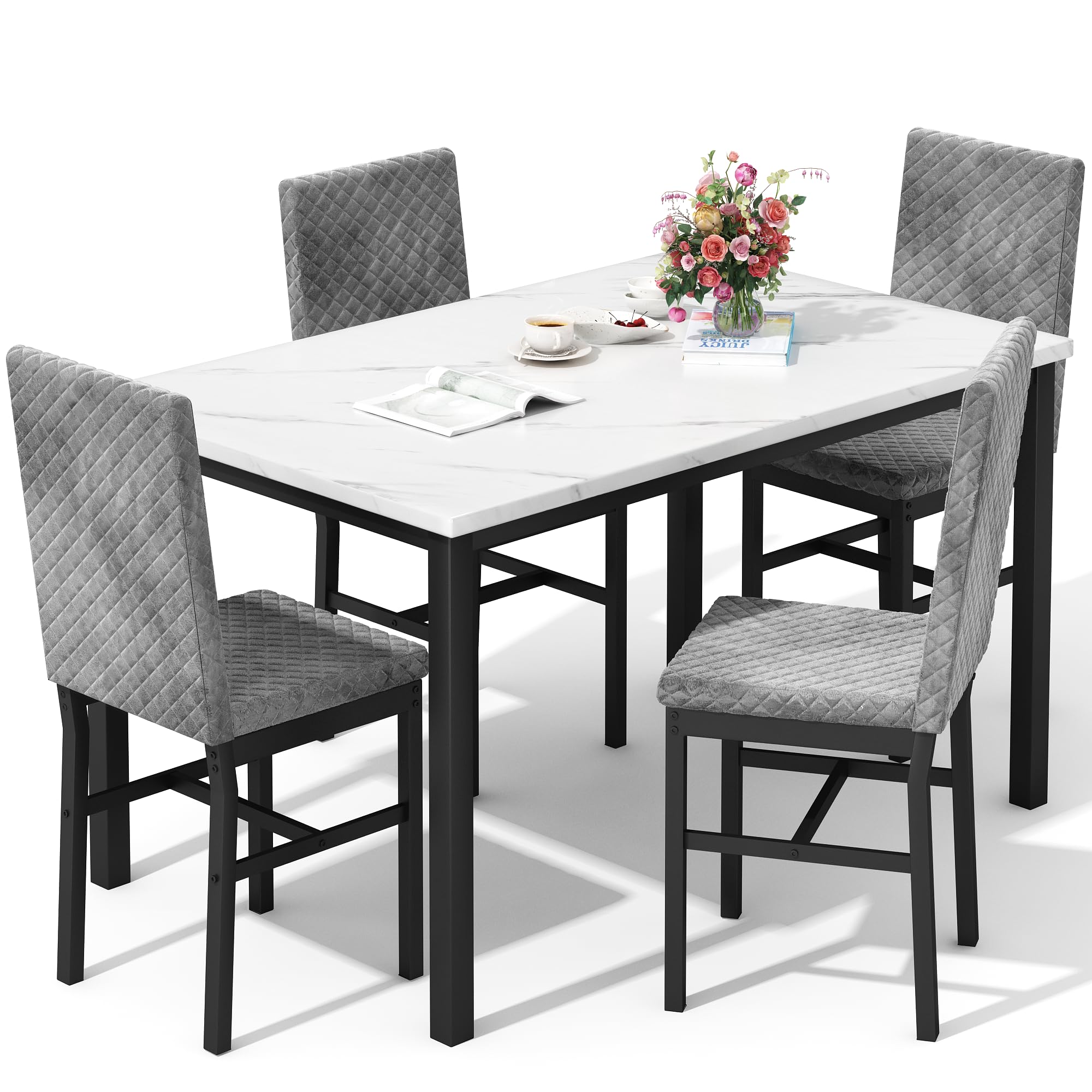 DKLGG 4-Piece Dining Table Set with Faux Marble Top & Velvet Upholstered Chairs - Compact Kitchen Table and Chair Set for Small Spaces, Apartments, Homes (White & Grey) | Perfect for Breakfast Nooks, Studio Apartments & Cozy Dining Areas