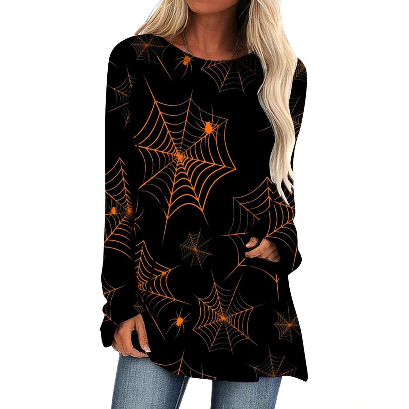 Stylish Halloween Print Long Sleeve Crewneck Pullover T-Shirts for Women - Casual Comfort Tees for Fall, Parties & Everyday Wear