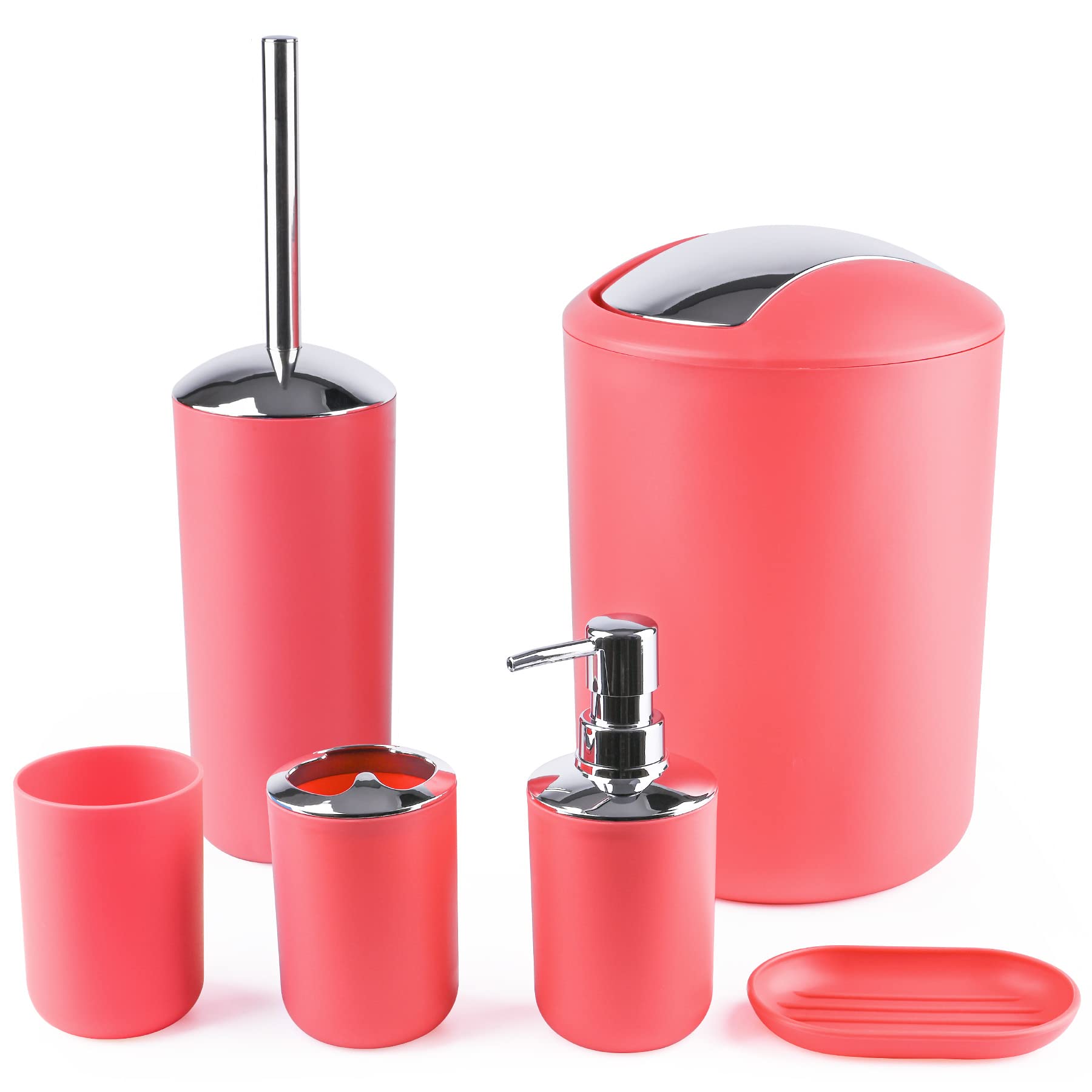 6-Piece Plastic Bathroom Accessories Set - Toothbrush Holder, Cup, Soap Dispenser, Dish, Toilet Brush Holder & Trash Can - Rose Red - Perfect for Home, Hotel & Apartment Bathroom Organization