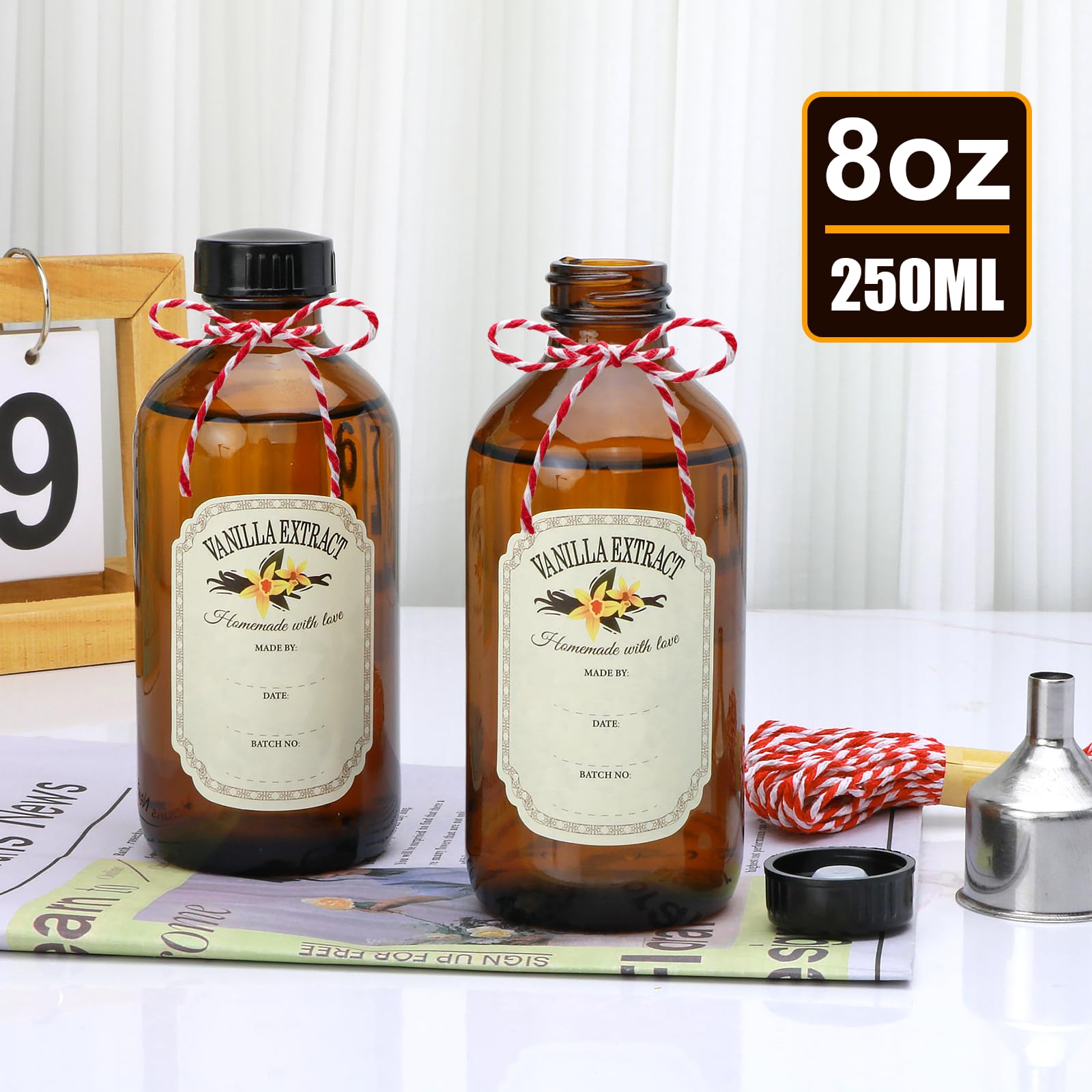 8oz Amber Glass Bottles with Caps - 10 Pack Round Boston Bottles for Vanilla Extract, Syrup & Essential Oils - Includes Stickers & Funnel - Perfect for Wedding Favors, Christmas Gifts & DIY Projects