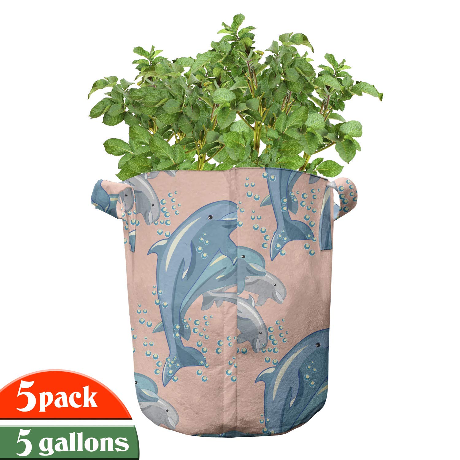 Lunarable 5-Pack 5 Gallon Heavy Duty Fabric Grow Bags with Handles - Cute Dolphin & Happy Animal Print Plant Pots for Indoor/Outdoor Gardening, Vegetables, Herbs, Flowers
