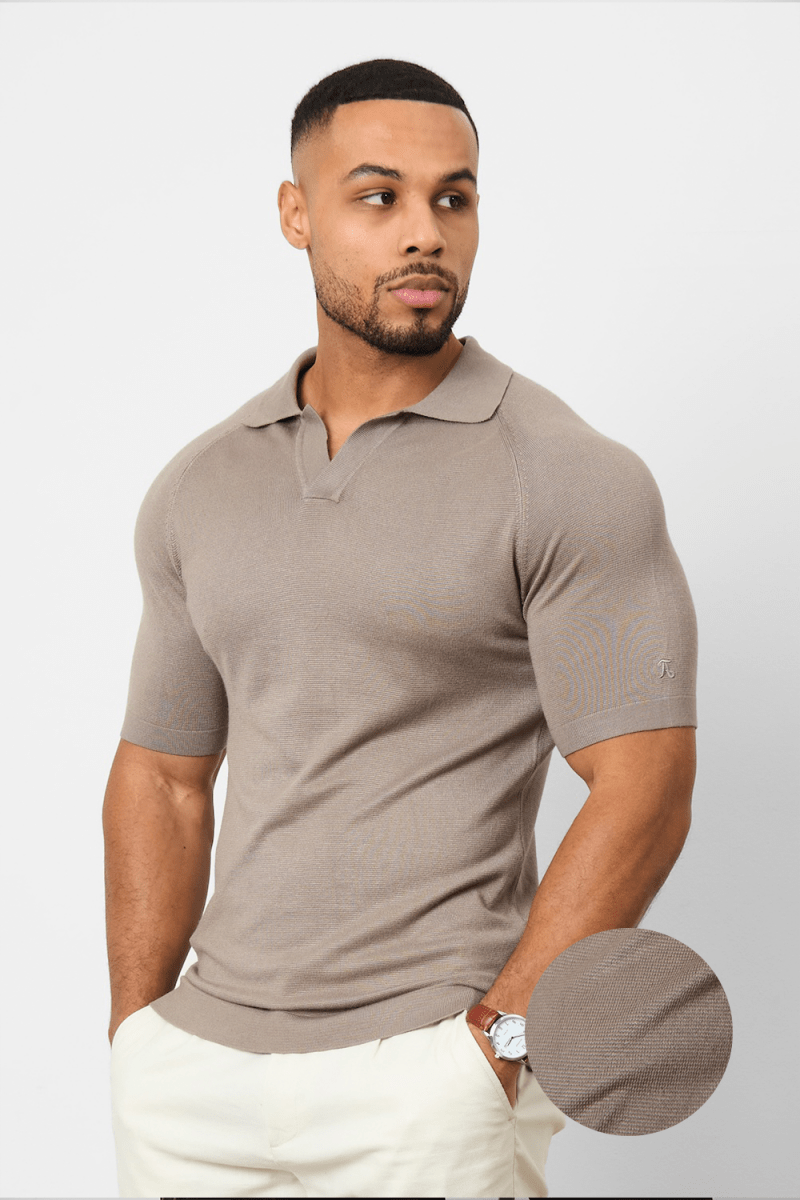Textured Open Collar Knitted Polo Shirt for Men - Soft Breathable Cotton Blend Casual Top for Business Casual & Weekend Outings