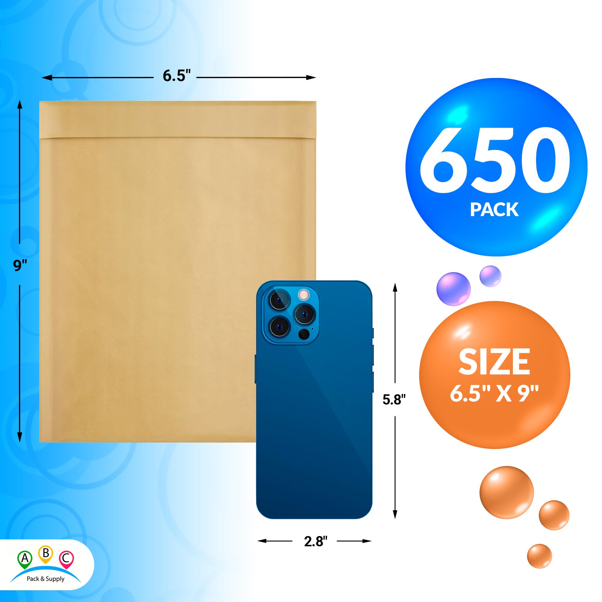 ABC 6.5x9 Inch Brown Kraft Bubble Mailer Envelopes - 650 Pack Self Seal Padded Mailing Envelopes | Water-Resistant & Opaque Kraft Paper Mailers for Jewelry, Cosmetics, Small Business Shipping & Ecommerce Packaging