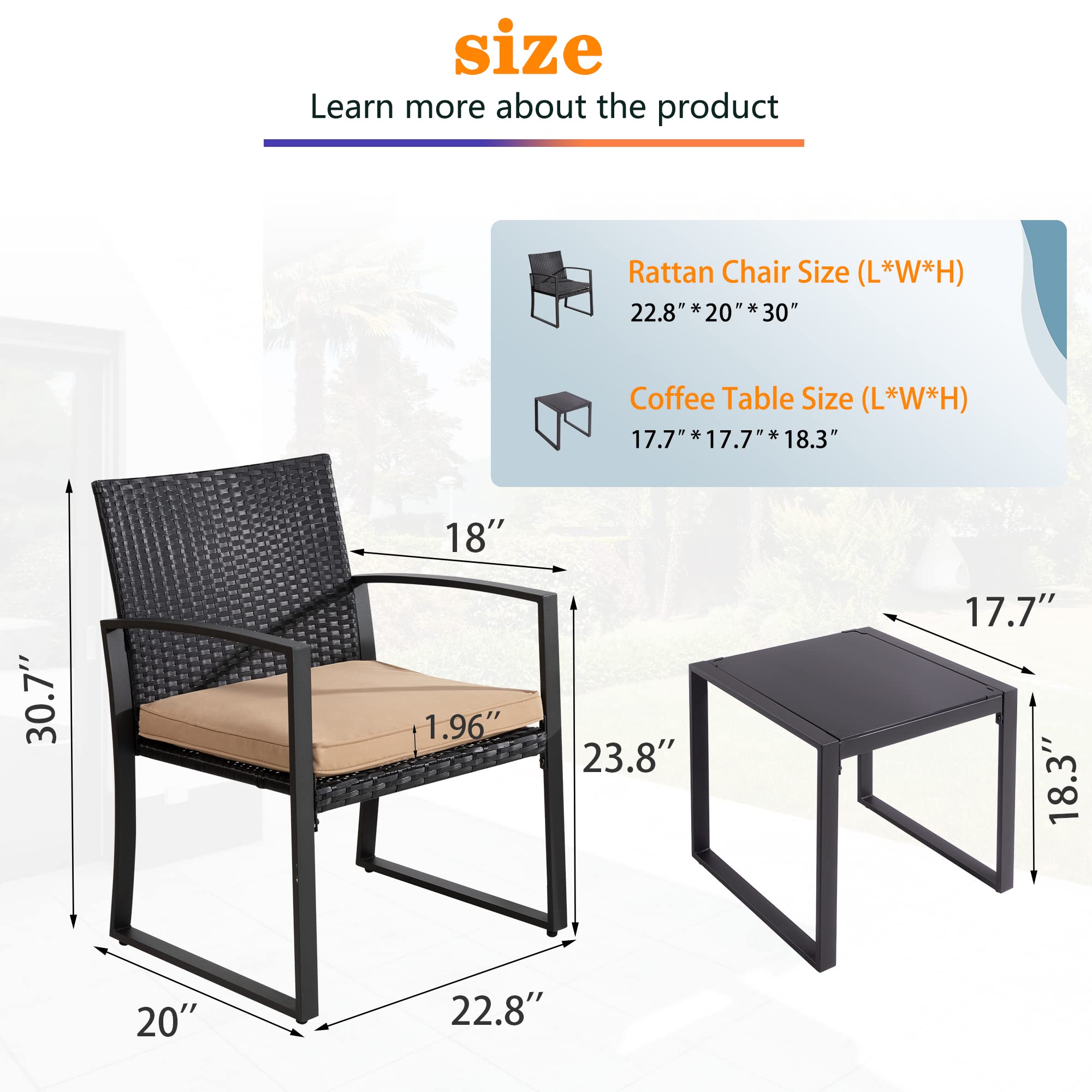 Shintenchi 3-Piece Outdoor Patio Furniture Set - Modern Wicker Bistro Set with 2 Rattan Chairs & Coffee Table - Perfect for Yard, Porch, Poolside, Lawn & Garden (Khaki) | Durable Weather-Resistant Patio Conversation Set for Outdoor Relaxation & Entertaining