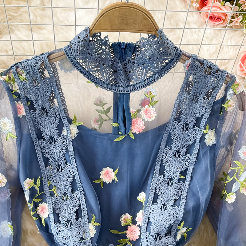 Elegant Autumn Fairy Long Dress with Embroidered Mesh Floral Design - Blue Stand Collar Maxi Dress 1374 | Perfect for Fall Weddings, Parties & Special Occasions