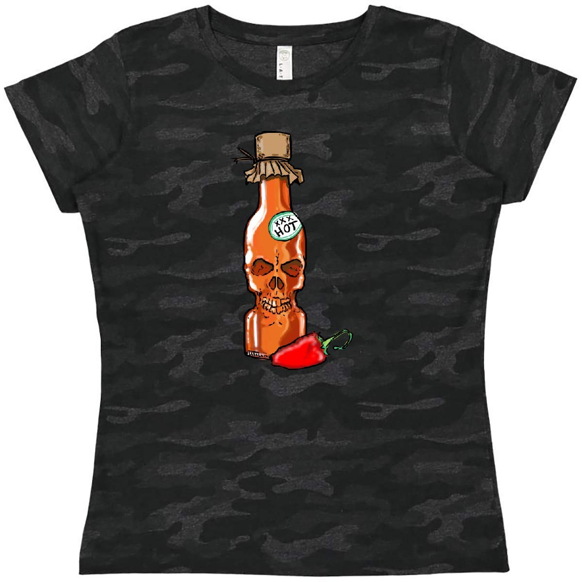 Inktastic Hot Sauce Skull Bottle with Pepper Women's T-Shirt | Graphic Tee for Spicy Food Lovers | Perfect for Halloween, Concerts & Casual Wear