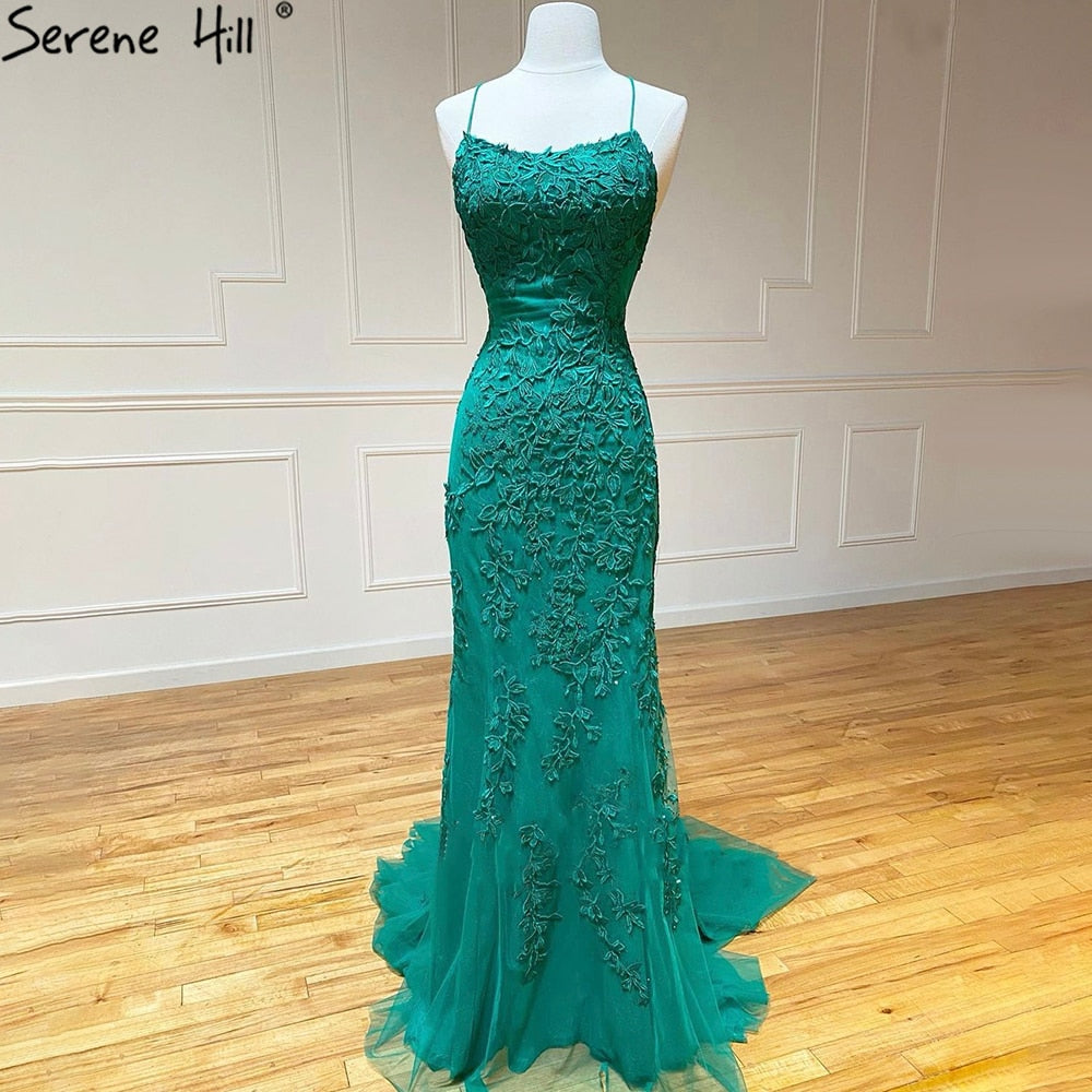 Elegant Green Spaghetti Strap Mermaid Prom Dress 2025 with Crystal Lace - Perfect for Graduation, School Party & Formal Events - LA71162
