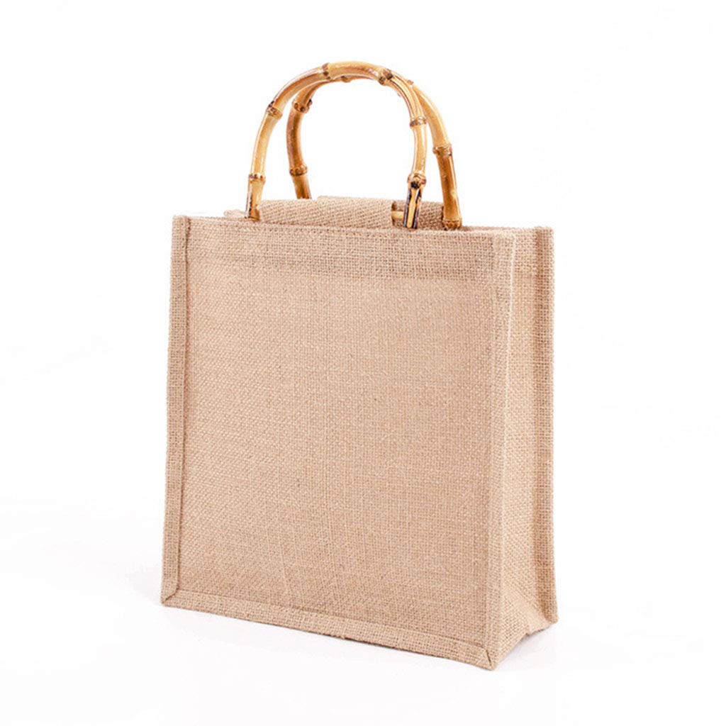 XIWUYA Eco-Friendly Reusable Burlap Jute Shopping Tote Bag with Bamboo Handles - Stylish Grocery Bag for Women & Girls | Perfect for Farmers Market, Beach Trips & Sustainable Shopping