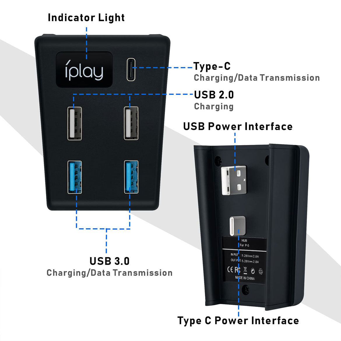 5-in-1 USB Hub for PS5 - High Speed USB 3.0 Splitter with 4K UHD Support - Perfect for Gaming Consoles, PC, Laptop & Home Office (Black, Model HBP 308)