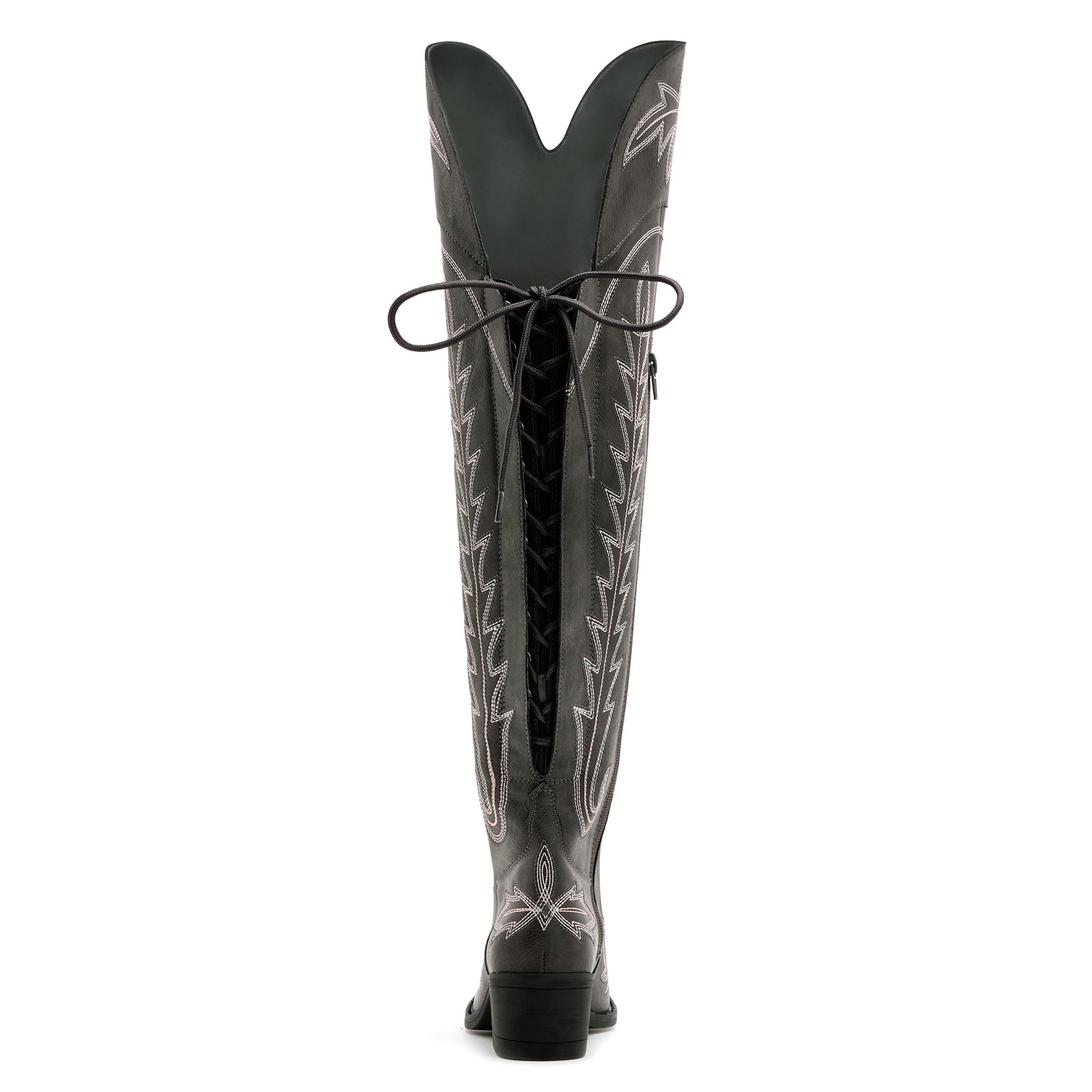 Vodvob Women's Black Embroidered Lace-Up Over-The-Knee Cowboy Boots with Chunky Heel - Western Style Boots for Casual Wear, Country Music Festivals & Night Out