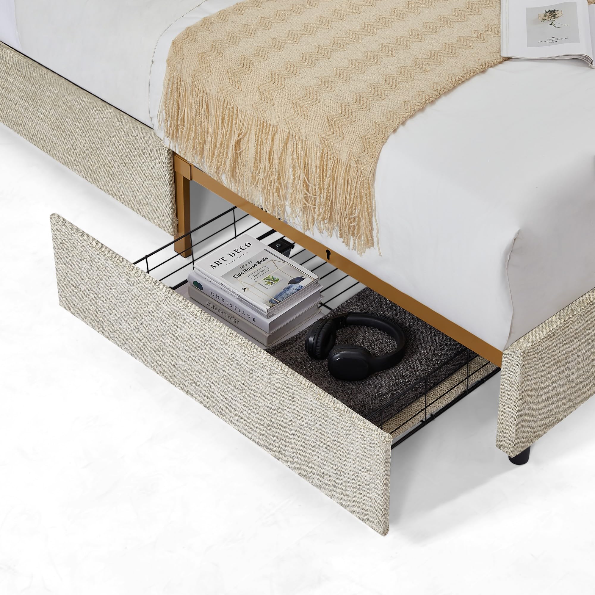 Dolonm Full Size Classic Buckle Platform Bed Frame with 4 Storage Drawers, Metal Frame & Wooden Slats Support - Beige & Yellow Leather Upholstered Headboard - Perfect for Small Bedrooms, Guest Rooms & Dormitories