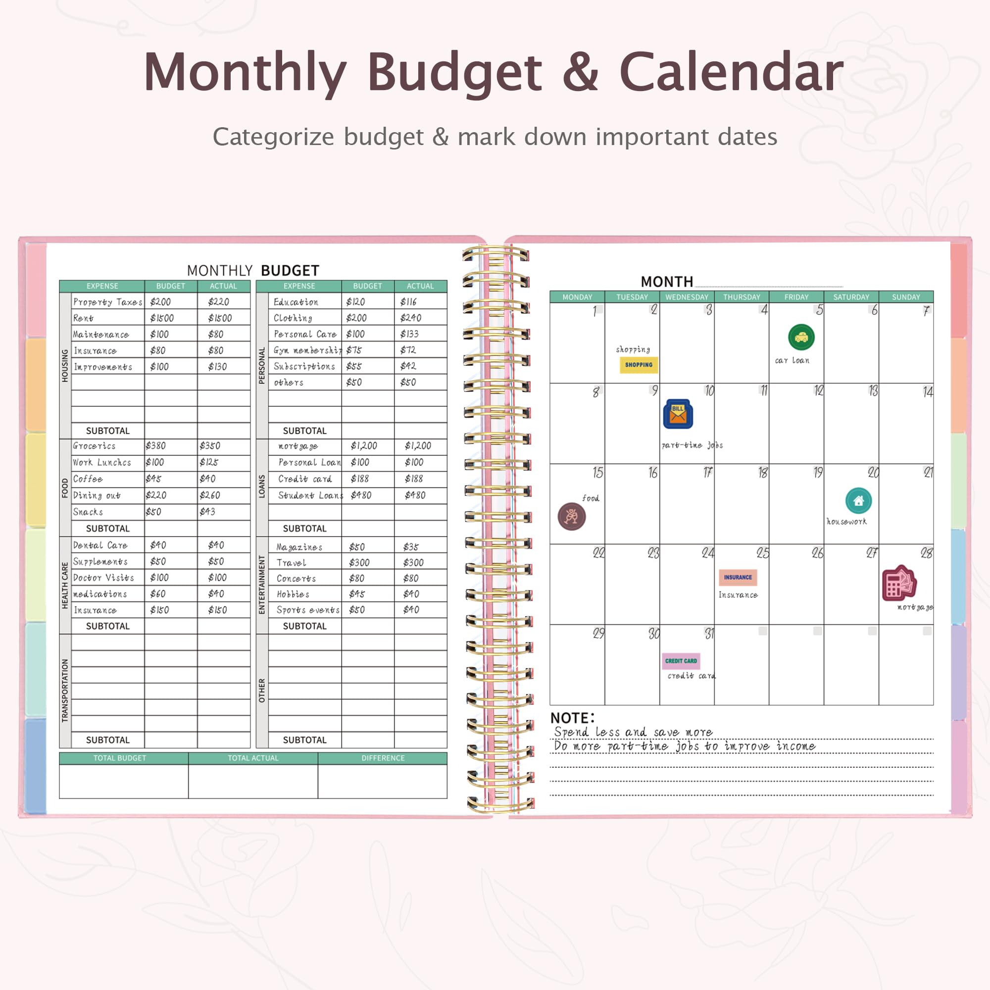 Ospelelf 2025 Budget Planner - Spiral Monthly Bill Organizer with Stickers, 8.5 x 11 Financial Planner & Expense Tracker, Undated Budget Book with 12 Pockets & Zipper Pouch (Pink) - Perfect for Personal Finance Management, Bill Tracking, and Money Saving Goals