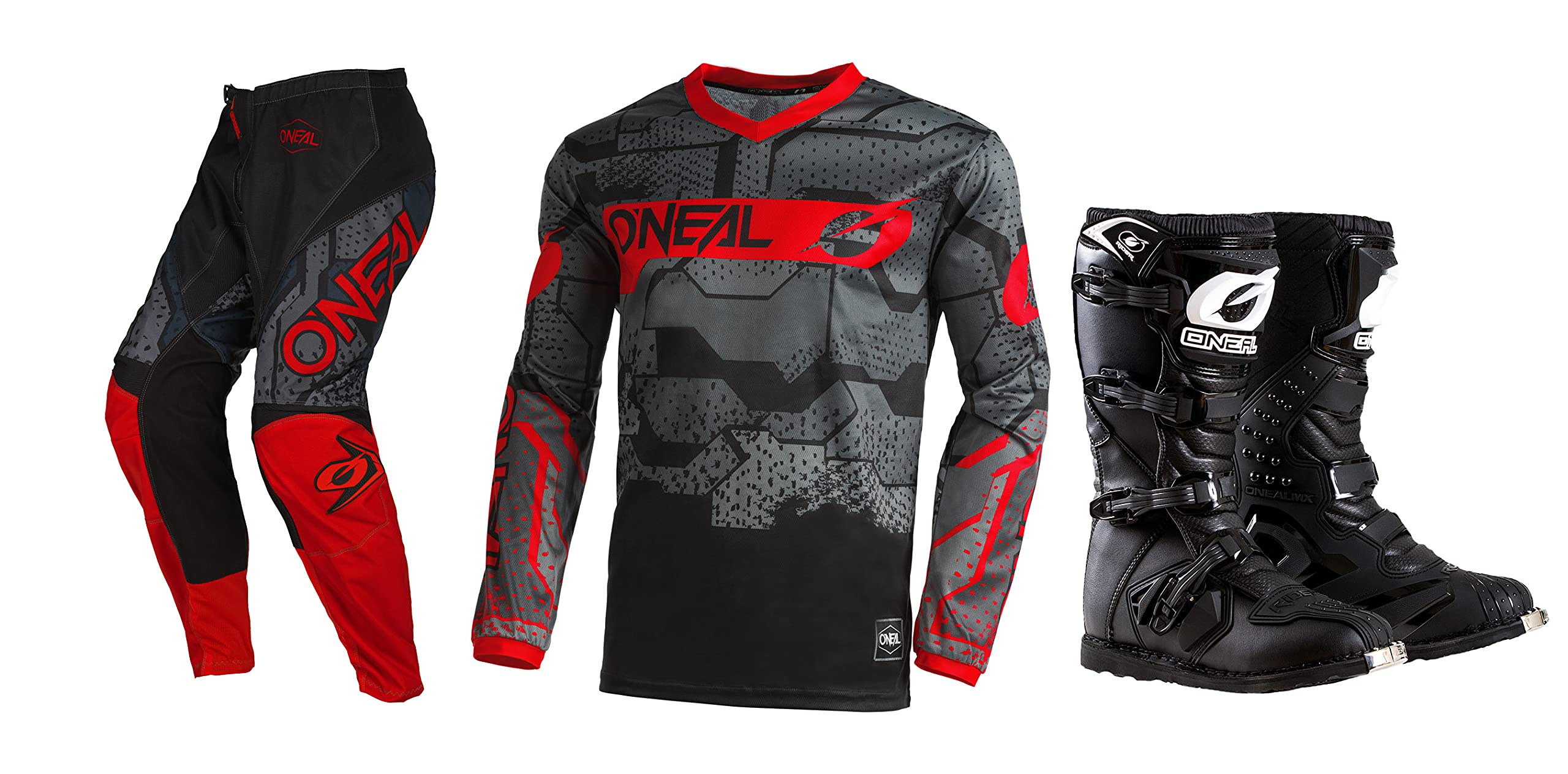 O'Neal Element Camo Black/Red Motocross Jersey & Pants Combo with Boots - Dirt Bike Racing Gear for Off-Road Trail Riding & MX Competition