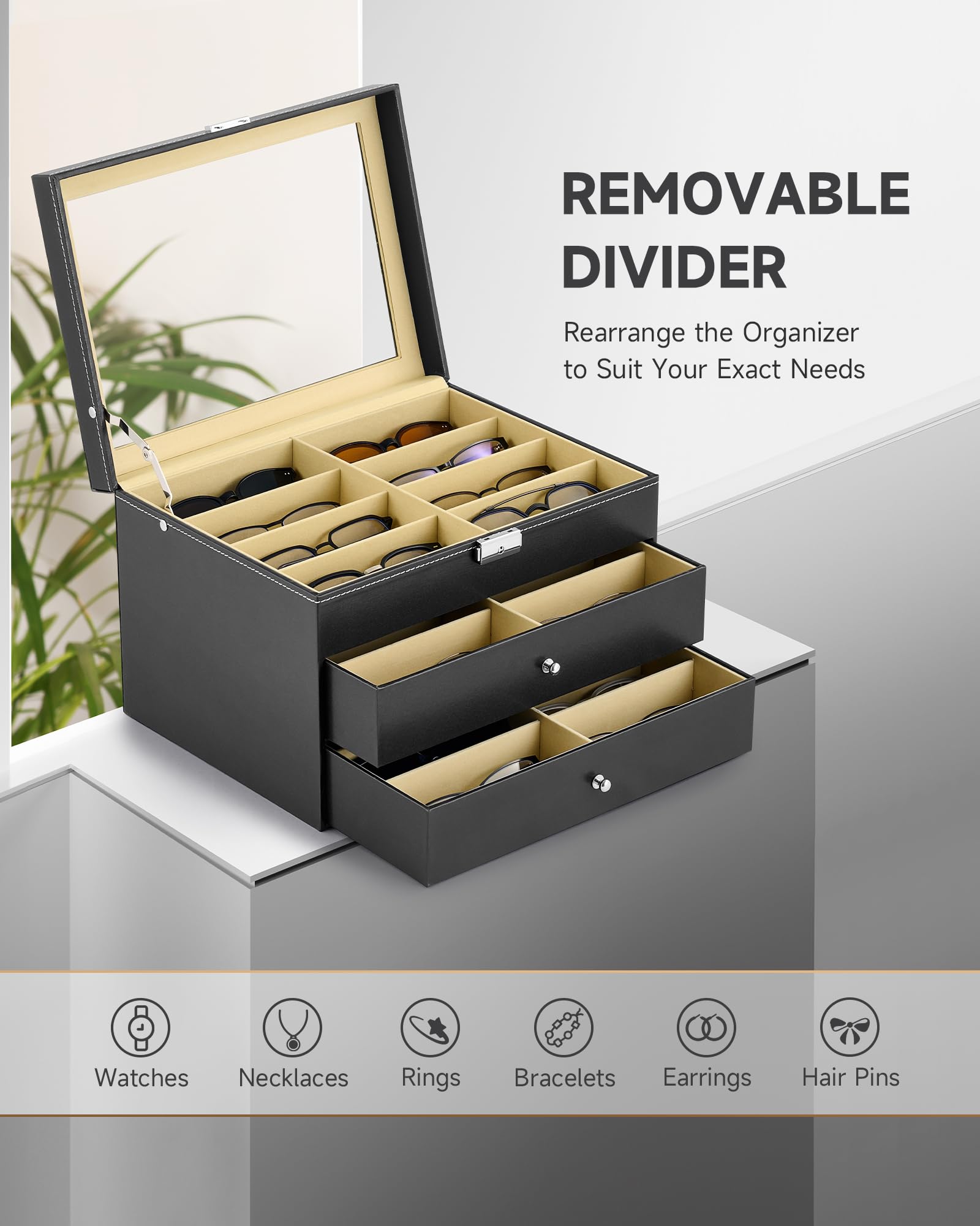 CO-Z Premium Leather Sunglasses Organizer & Eyeglasses Storage Box - Lockable Sunglass Display Case with Drawer for Women & Men - Perfect for Home, Office, Travel and Gift Giving