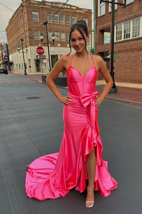 Elegant Hot Pink Mermaid Slit Prom Dress with Ruffles - Formal Party Gown J5807 for Homecoming, Evening Gala & Special Occasions