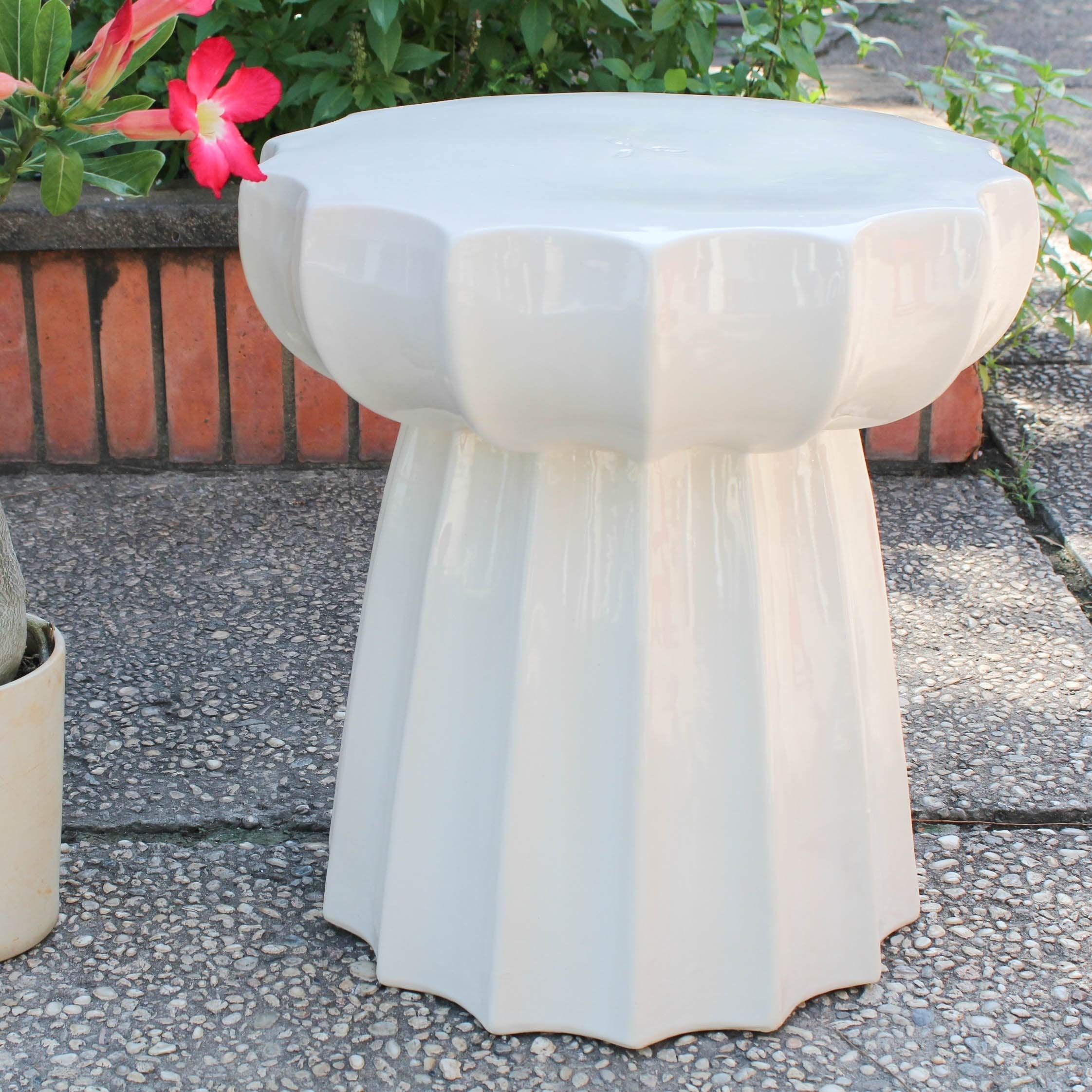 Navy Blue Round Scalloped Ceramic Garden Stool - Outdoor Patio Decor, Side Table, Plant Stand | Perfect for Balcony, Porch & Backyard Decorations