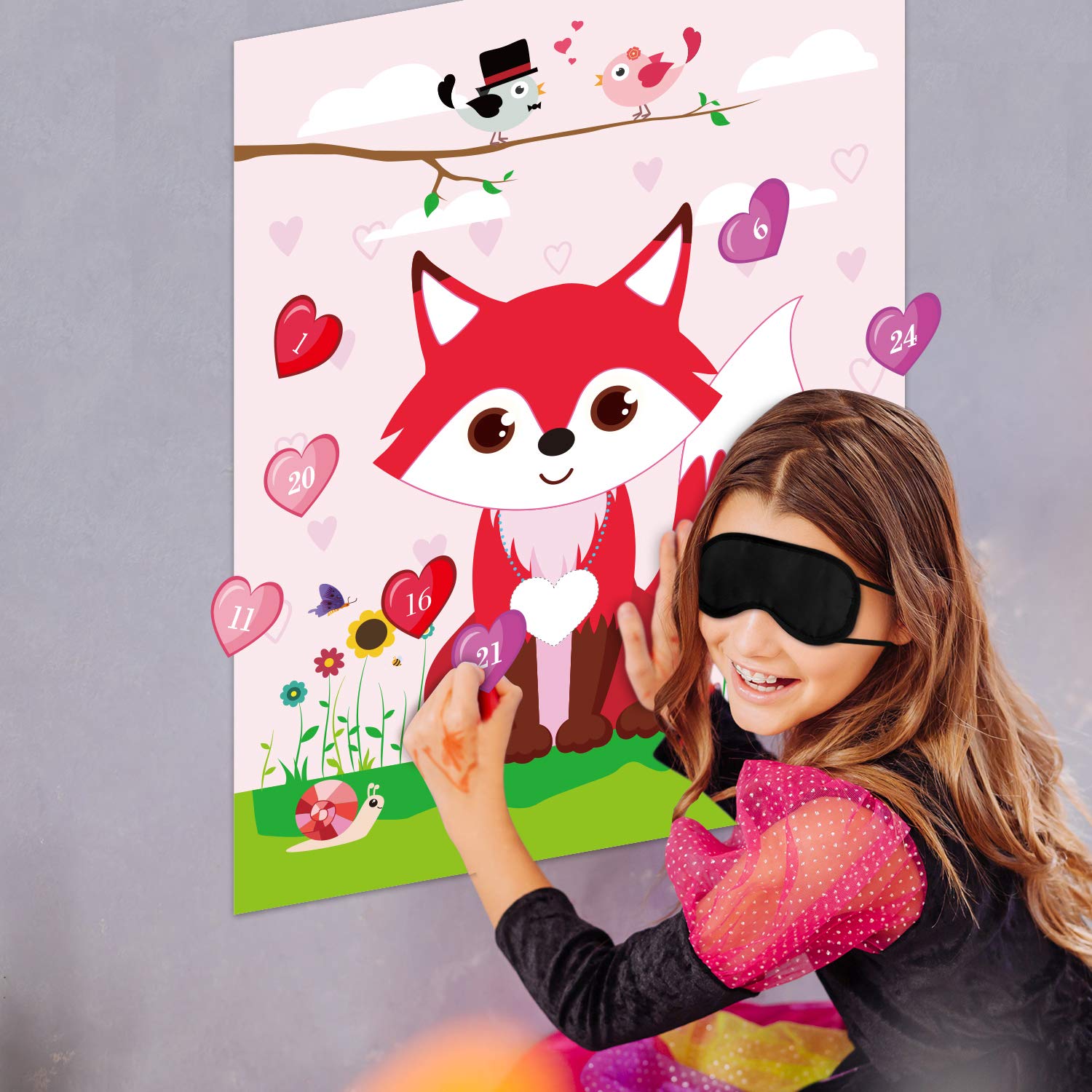 FEPITO Pin The Heart on The Fox Valentine's Day Game - 24Pcs Heart Stickers for Kids Valentine Party Supplies, Birthday Party Decorations - Fun Valentine's Day & Birthday Party Activities for Kids