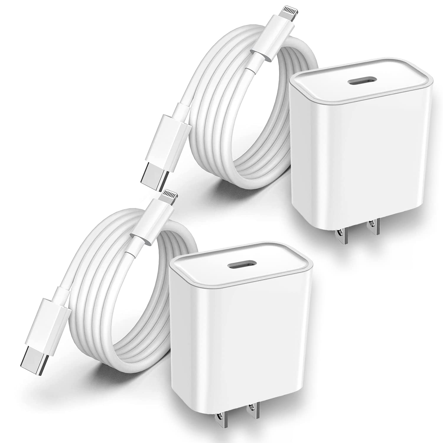 20W Fast USB Type C Wall Charger with 6.6ft Cable - Compatible with iPhone 14/13/12/11 Series, iPad, AirPods - Quick Charge for Home, Office & Travel (2-Pack)