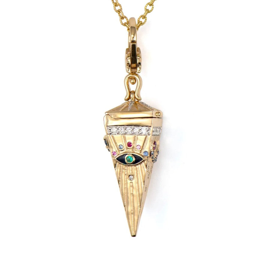 14K Yellow Gold 0.39ct Diamond 4-Sided Pendulum Necklace with Emerald & Sapphire - Elegant Jewelry for Women, Perfect for Weddings, Parties & Special Occasions