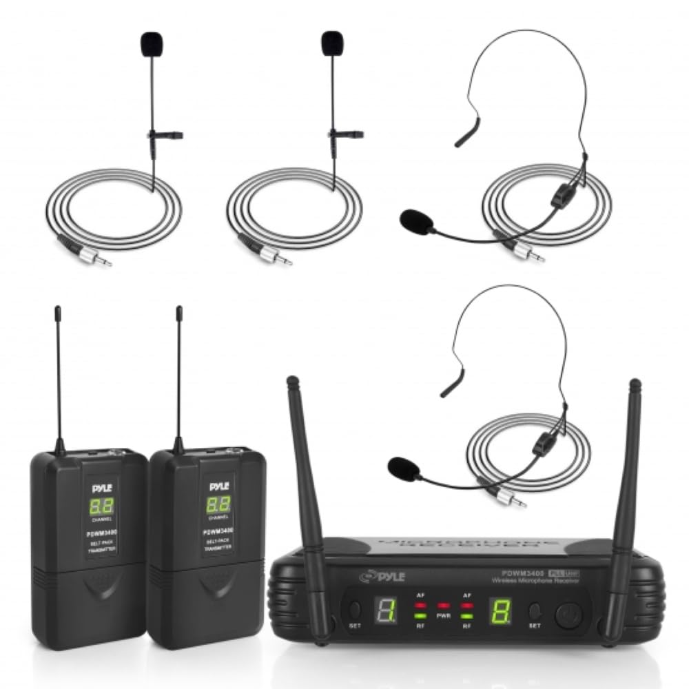 Pyle PDWM3400 2-Channel UHF Wireless Microphone System with 2 Headset & 2 Lavalier Mics - Portable Digital Audio Kit for Karaoke, DJ, Public Speaking - Includes Transmitters, ¼