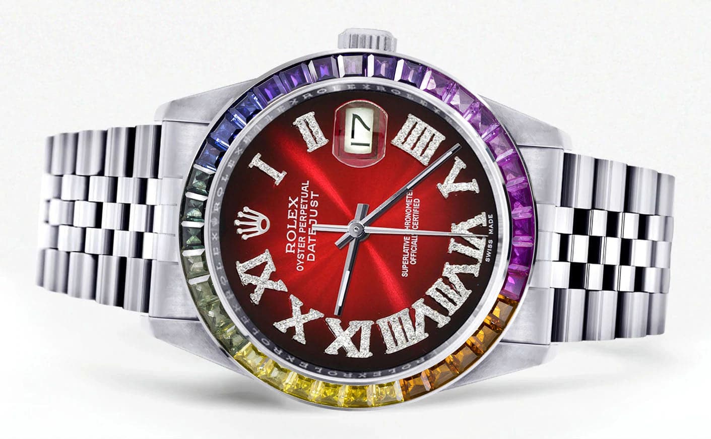 Luxury Diamond Gold Rolex Watch For Men 16200 | 36mm Stainless Steel | Rainbow Sapphire Bezel | Red Black Roman Numeral Dial | Jubilee Bracelet | Perfect for Business, Gifts & Special Occasions