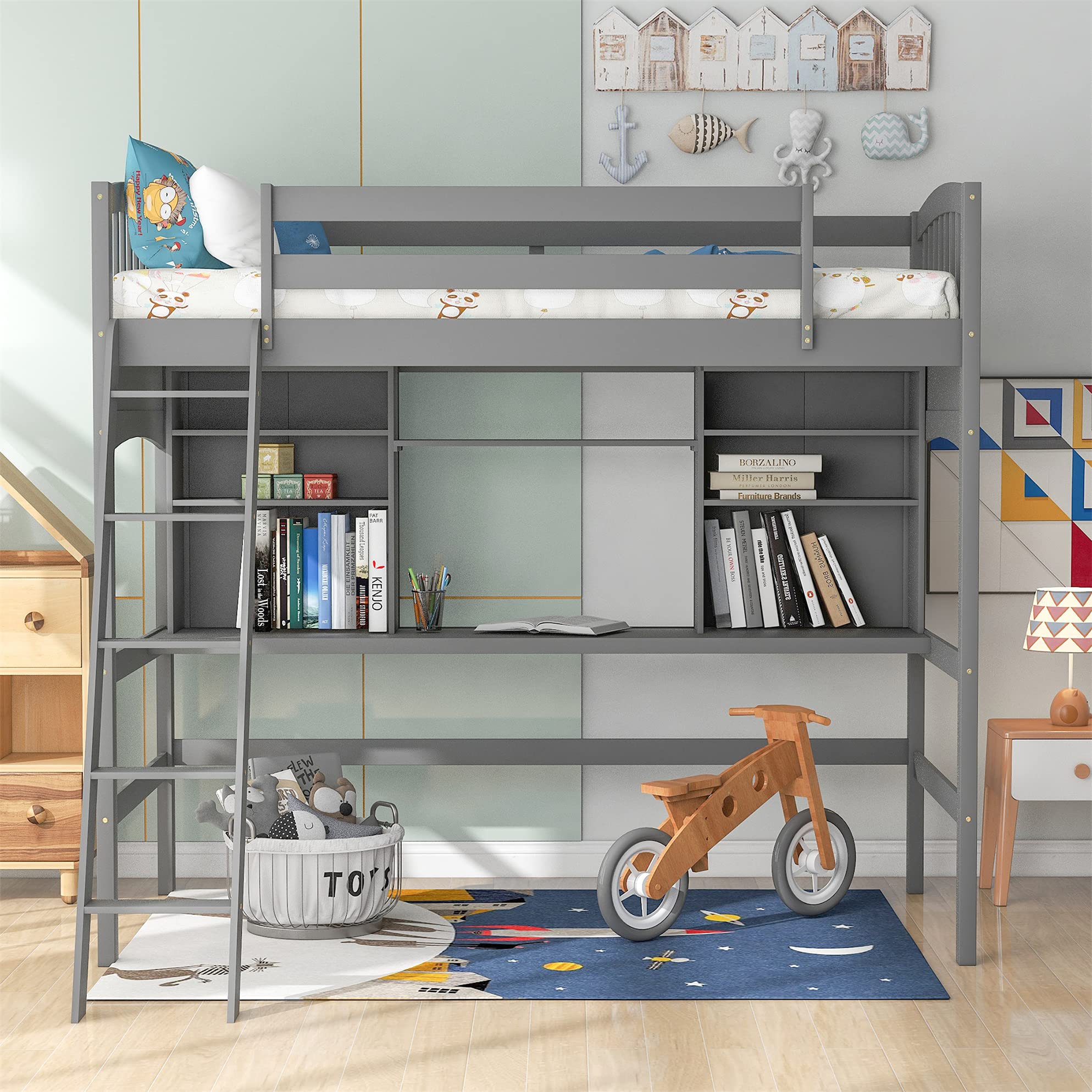 MERITLINE Twin Size Wood Loft Bed with Study Desk & Angled Ladder - Natural Grey Finish for Kids & Teens | Space-Saving Bedroom Furniture for Small Rooms & Dorm Living