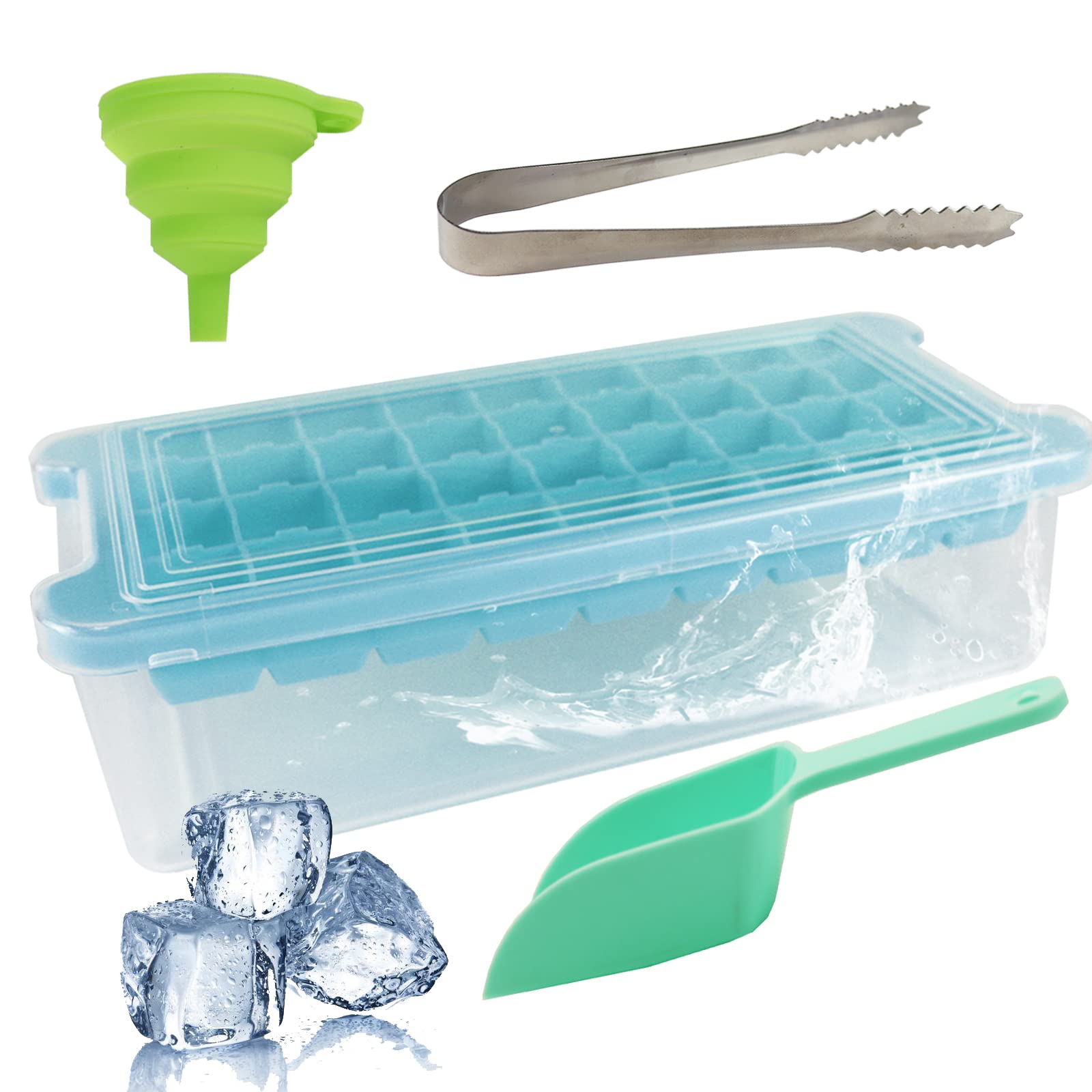 **36-Cube Silicone Ice Cube Tray with Lid, Ice Bin, Scoop & Tongs – BPA-Free Food-Grade Flexible Ice Mold for Cocktails, Beverages & Party Drinks (Blue)**