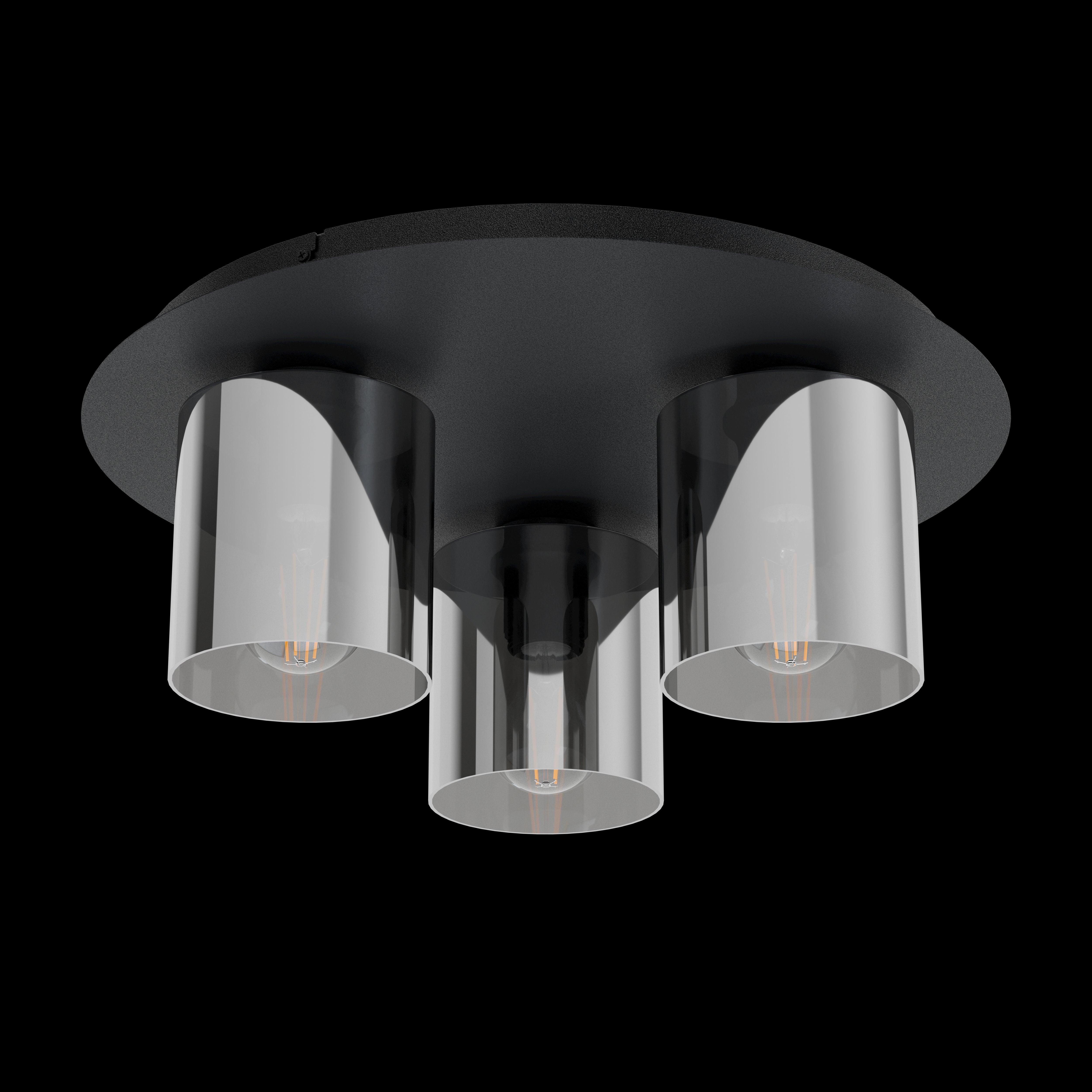 Eglo Gorosiba 1 Black Round 3-Light Flush Mount Ceiling Light Fixture with Smoked Glass Shades - Modern Lighting for Living Room, Bedroom, or Dining Room