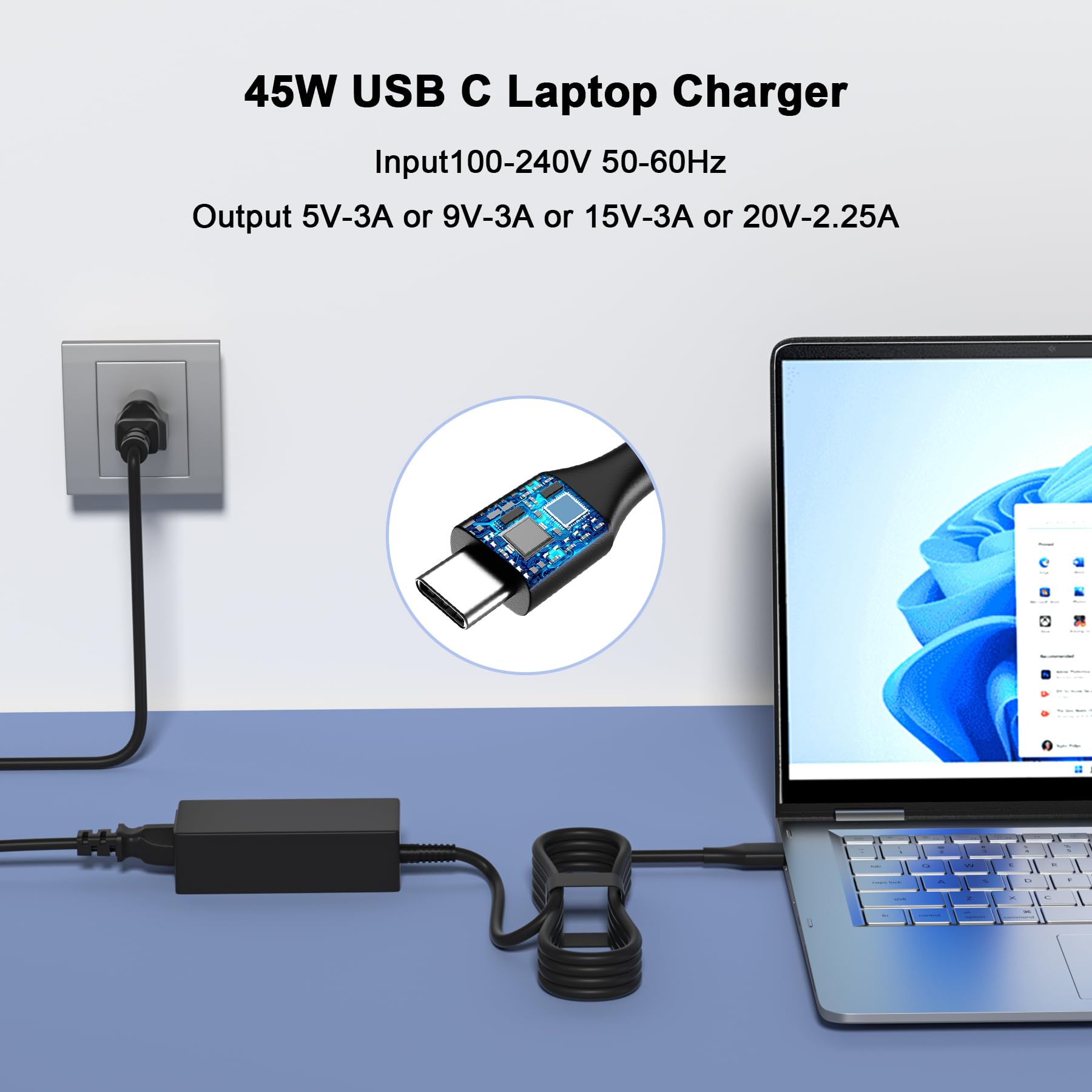 45W USB-C Laptop Charger for HP Chromebook - Fast Charging Power Adapter for HP Chromebook 11/14/15, Perfect for Home, Office & Travel Use