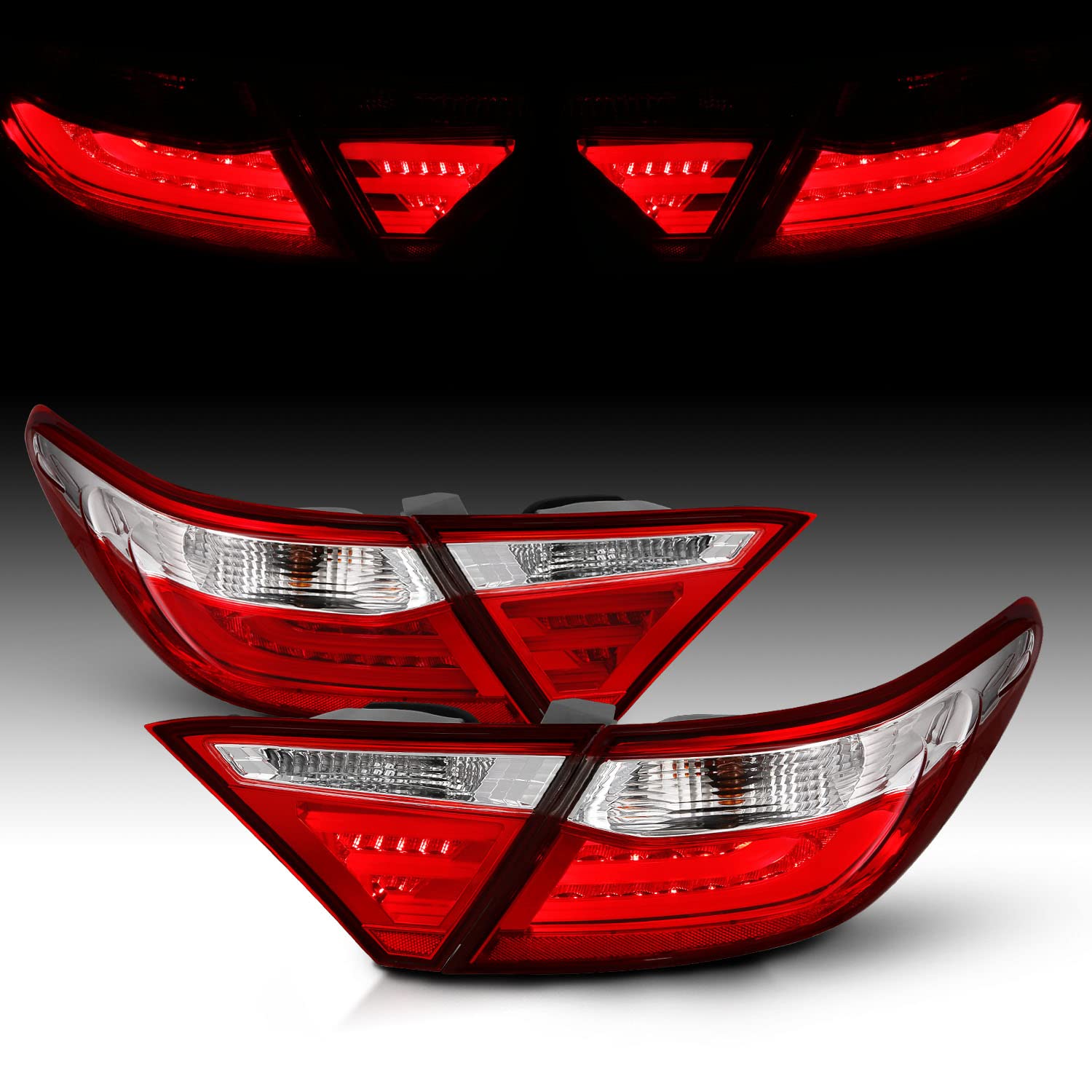 AmeriLite Red Clear LED Parking Light Bar & LED Brake Tail Lights Pair for 2015-2016 Toyota Camry 4-Door Sedan - High Visibility Safety Lights for Night Driving & Parking