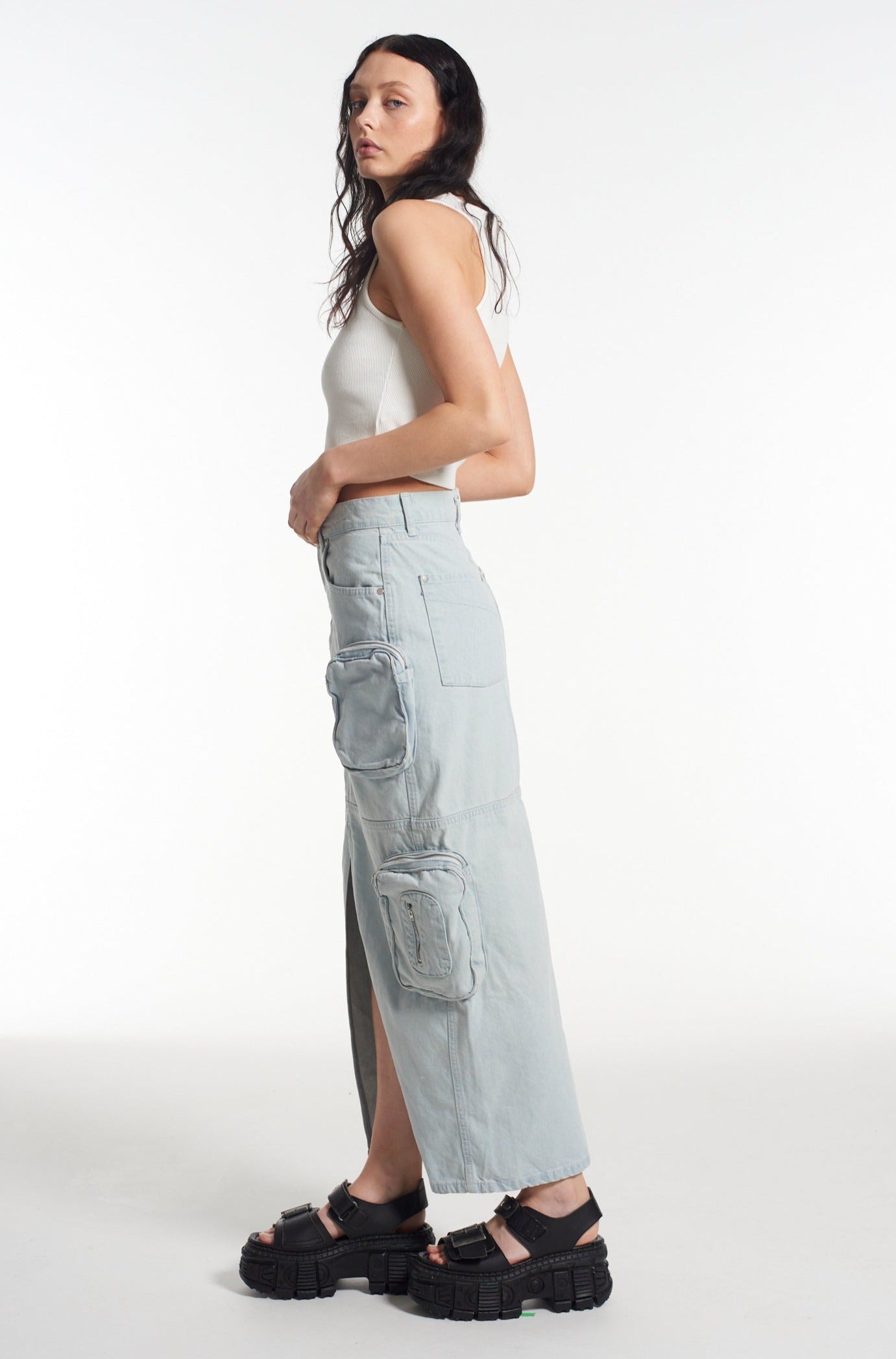 Zip Combat Maxi Skirt Stonewash - Women's High Waisted Stretch Denim Midi Skirt for Casual Wear, Office & Date Night Outfits