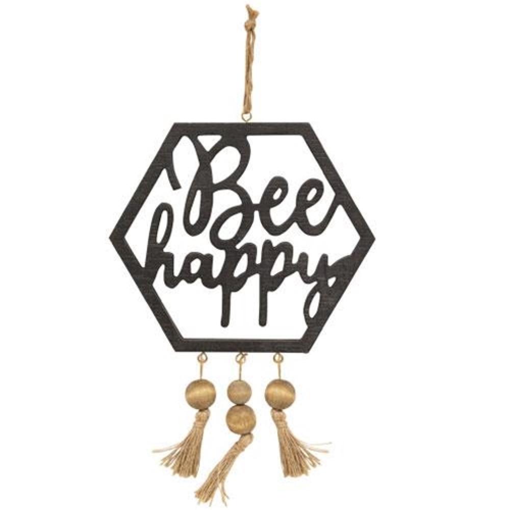 Bee Happy Hanging Wooden Wall Decor with Beaded Tassels - Boho Home Decor for Bedroom, Nursery & Living Room