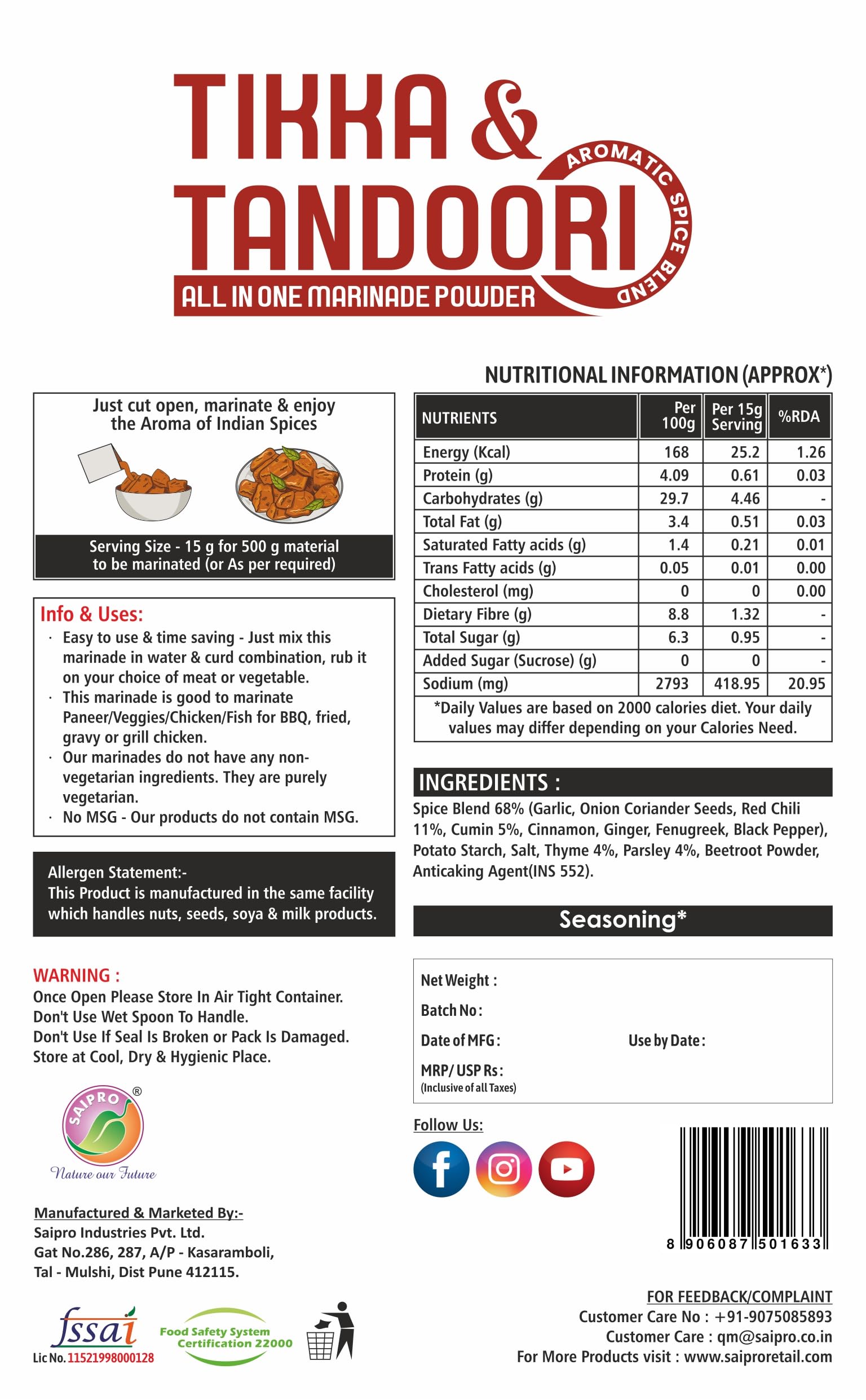 Saipro Tikka & Tandoori All-in-One Marinade Powder 200g | Malai Tandoori Tikka Masala Spice Mix | Ready-to-Use for Chicken, Paneer & Veggies | Gluten-Free, Vegan, No Preservatives | Perfect for Grilling, BBQ & Indian Cooking