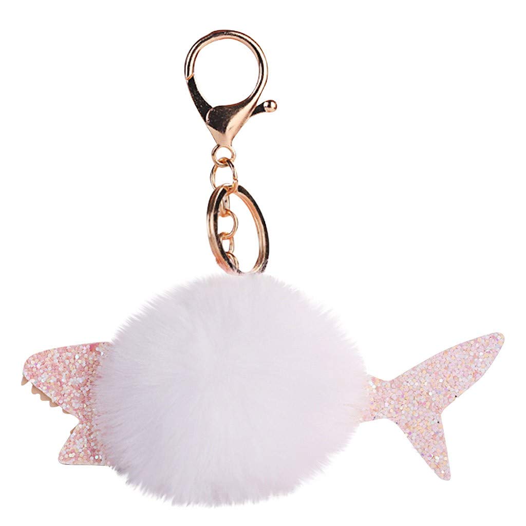 Shark Fish Keychain for Women - Stylish Sequins & Pompoms Key Rings for Bags, Purse, Car Hangings - Perfect for Gifts, Party Favors & Everyday Use