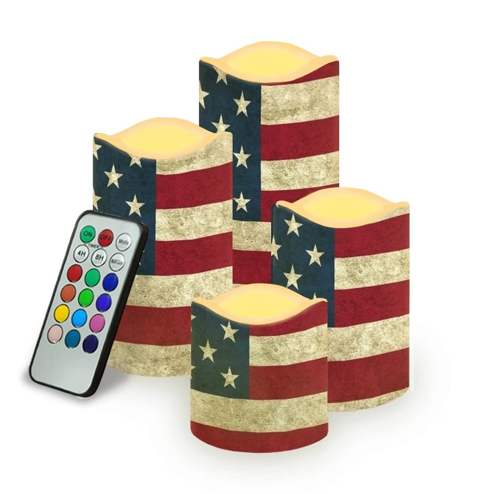 Suhoaziia 4-Pack American Flag LED Flameless Candles - Battery Operated with Remote & Timer, Realistic Flickering Flames for Patriotic Home Decor, Perfect for July 4th, Memorial Day, and Veterans Day Celebrations