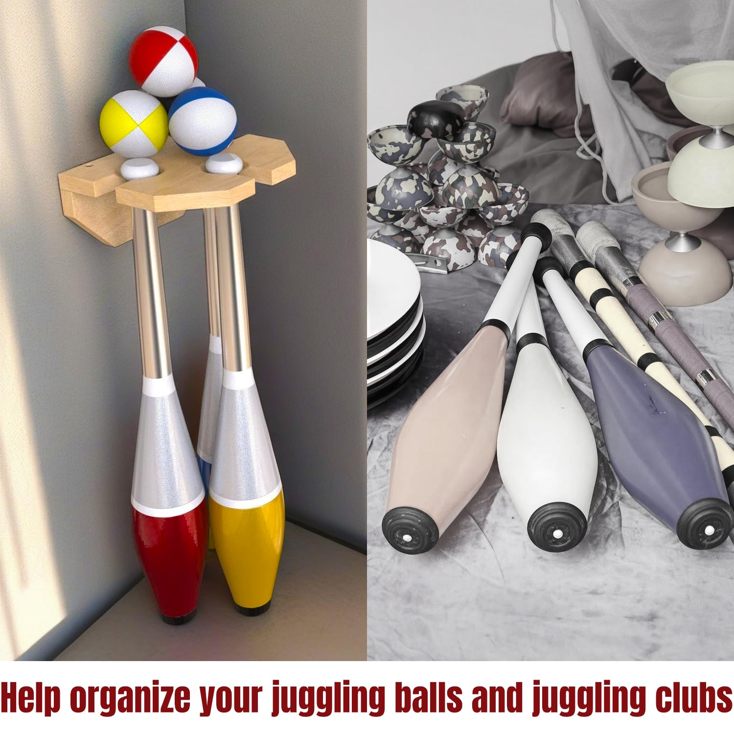 Wall Mounted Wooden Juggling Clubs & Balls Holder - Organizer for 3 Juggling Clubs - Perfect for Circus Performers, Practice Rooms & Home Storage