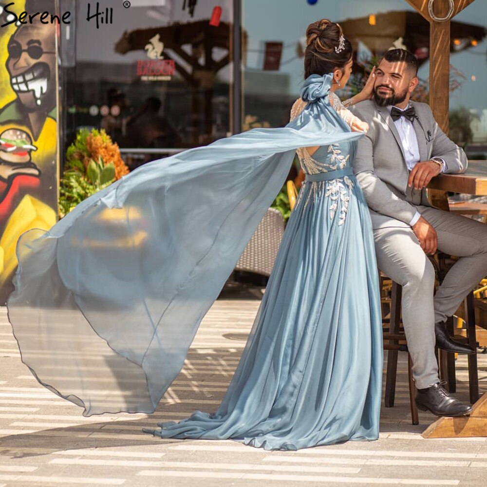 Elegant Blue Cape Sleeve Beaded A-Line Evening Gown for Women - 2025 Wedding Party Dress LA70308 | Perfect for Prom, Cocktail Parties & Formal Events