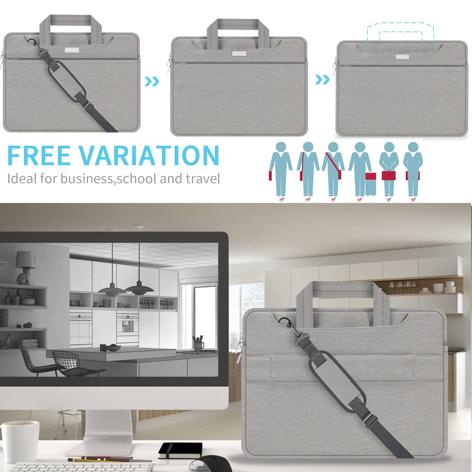 HESTECH 17 Inch Laptop Sleeve Shoulder Bag for MacBook Pro 16 17 Inch, Dell XPS, HP Envy - Waterproof Neoprene Case with Padded Protection - Perfect for Work, Travel & School (Gray)