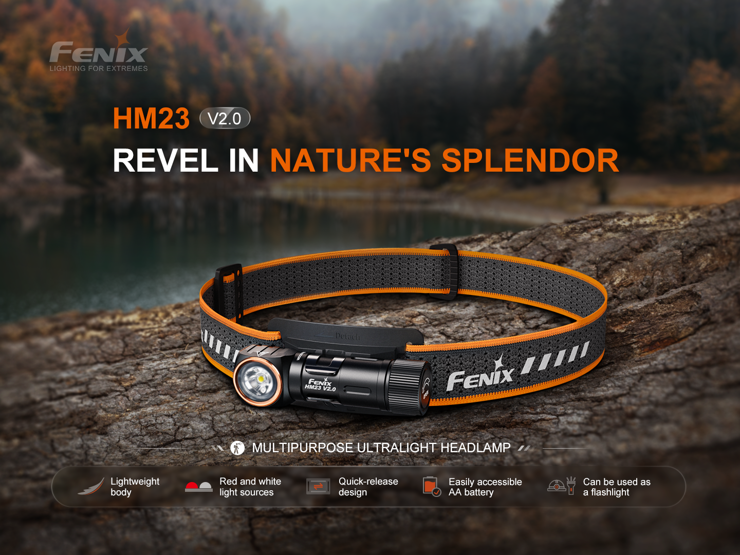 Fenix HM23 V2.0 Lightweight Detachable AA Headlamp - Rechargeable LED Headlight for Camping, Hiking & Outdoor Adventures